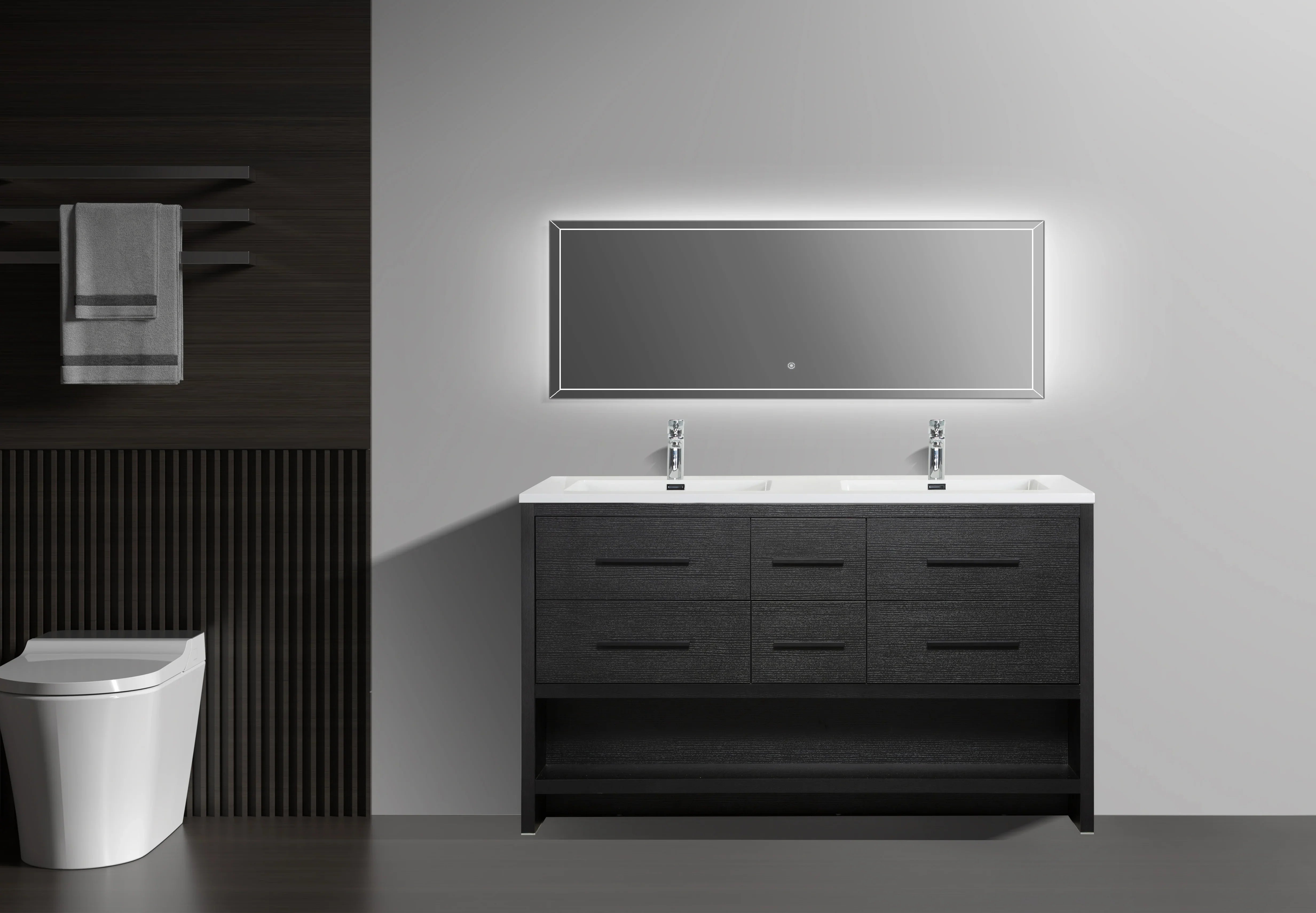 60" Black Oak Freestanding Double Sink Bathroom Vanity with White Polymarble Countertop-Migration_Bathroom Vanities-DECOROLALA