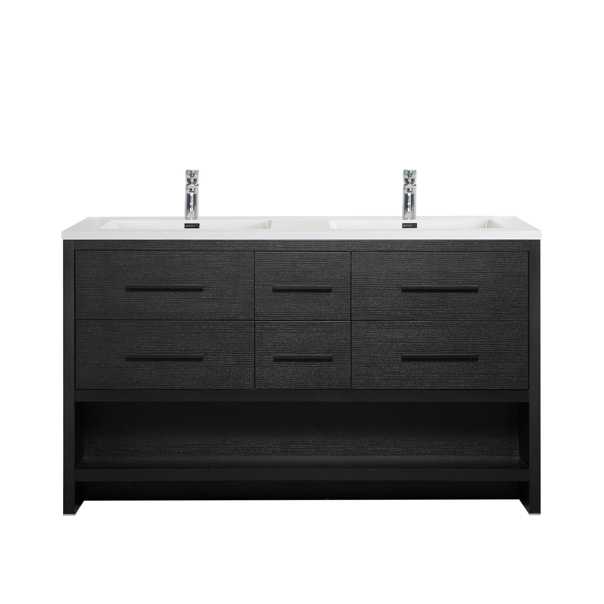 60" Black Oak Freestanding Double Sink Bathroom Vanity with White Polymarble Countertop-Migration_Bathroom Vanities-DECOROLALA