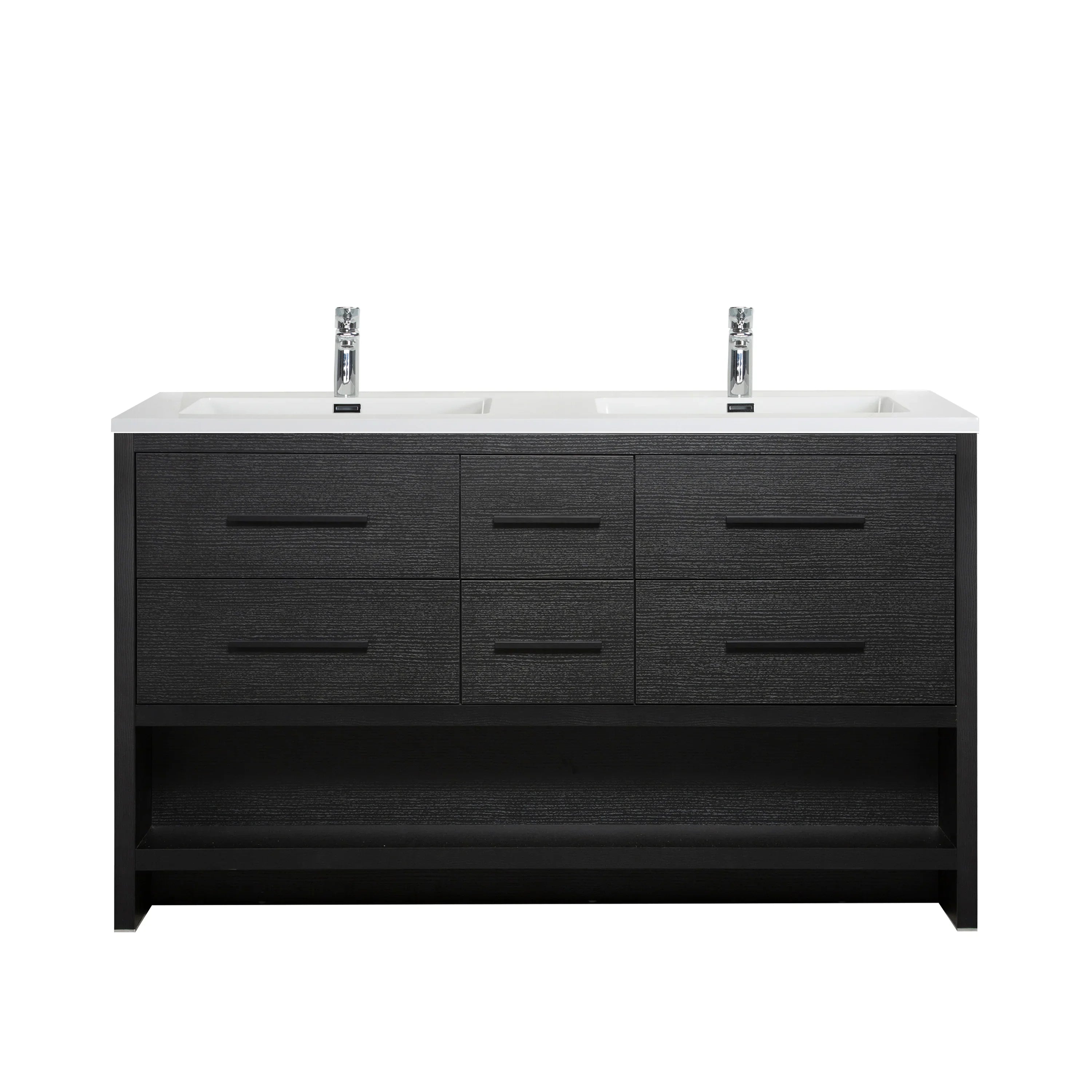 60" Black Oak Freestanding Double Sink Bathroom Vanity with White Polymarble Countertop-Migration_Bathroom Vanities-DECOROLALA