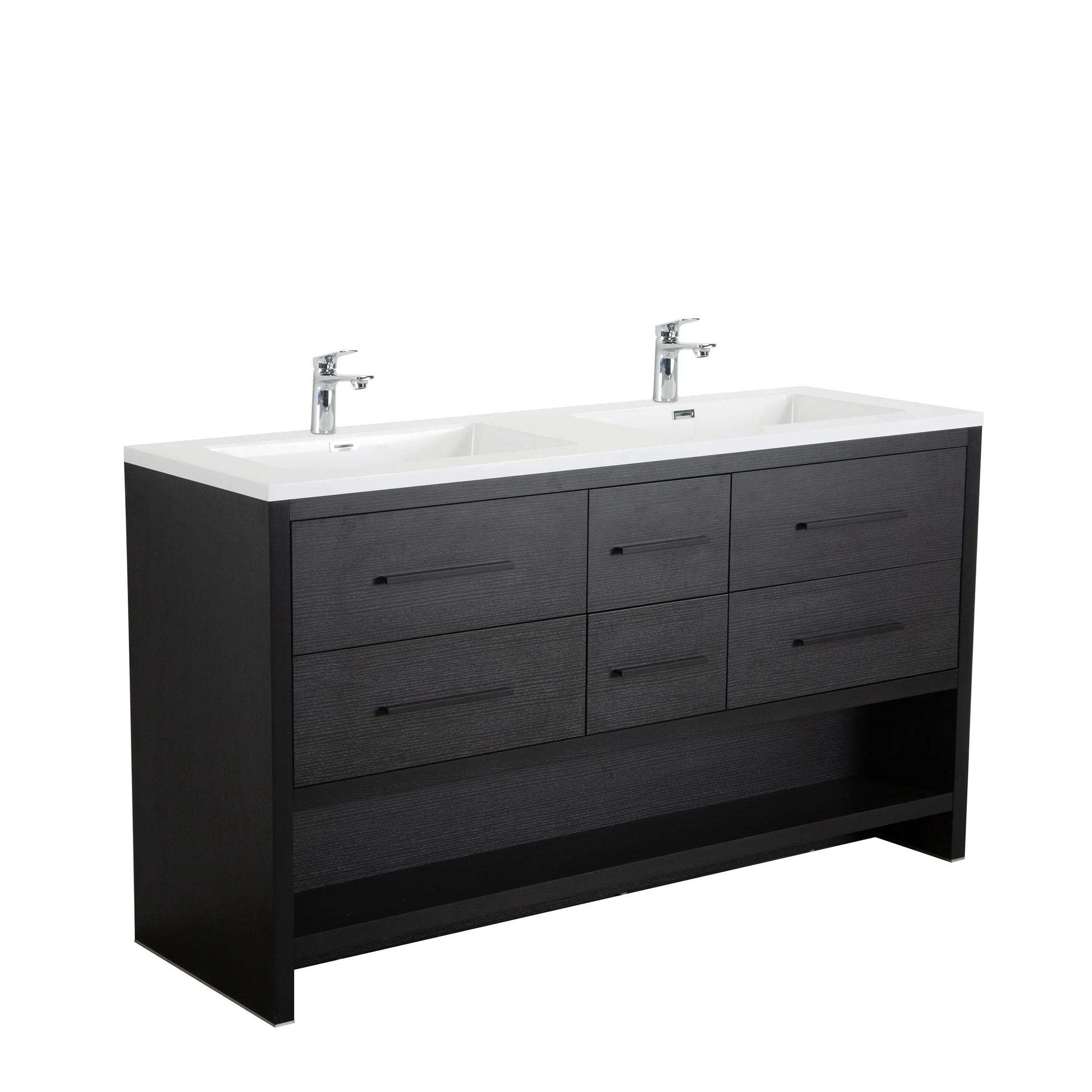60" Black Oak Freestanding Double Sink Bathroom Vanity with White Polymarble Countertop-Migration_Bathroom Vanities-DECOROLALA