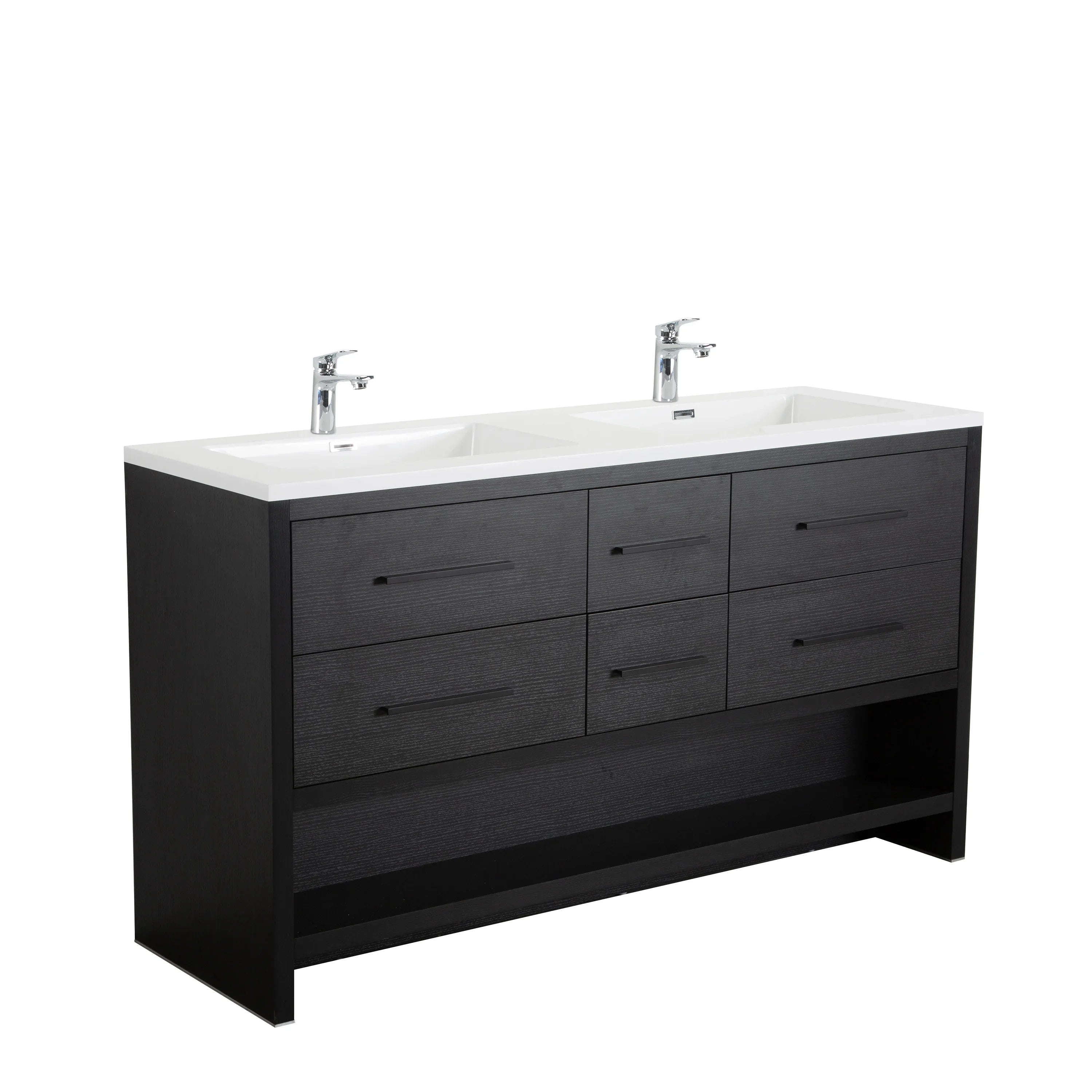 60" Black Oak Freestanding Double Sink Bathroom Vanity with White Polymarble Countertop-Migration_Bathroom Vanities-DECOROLALA