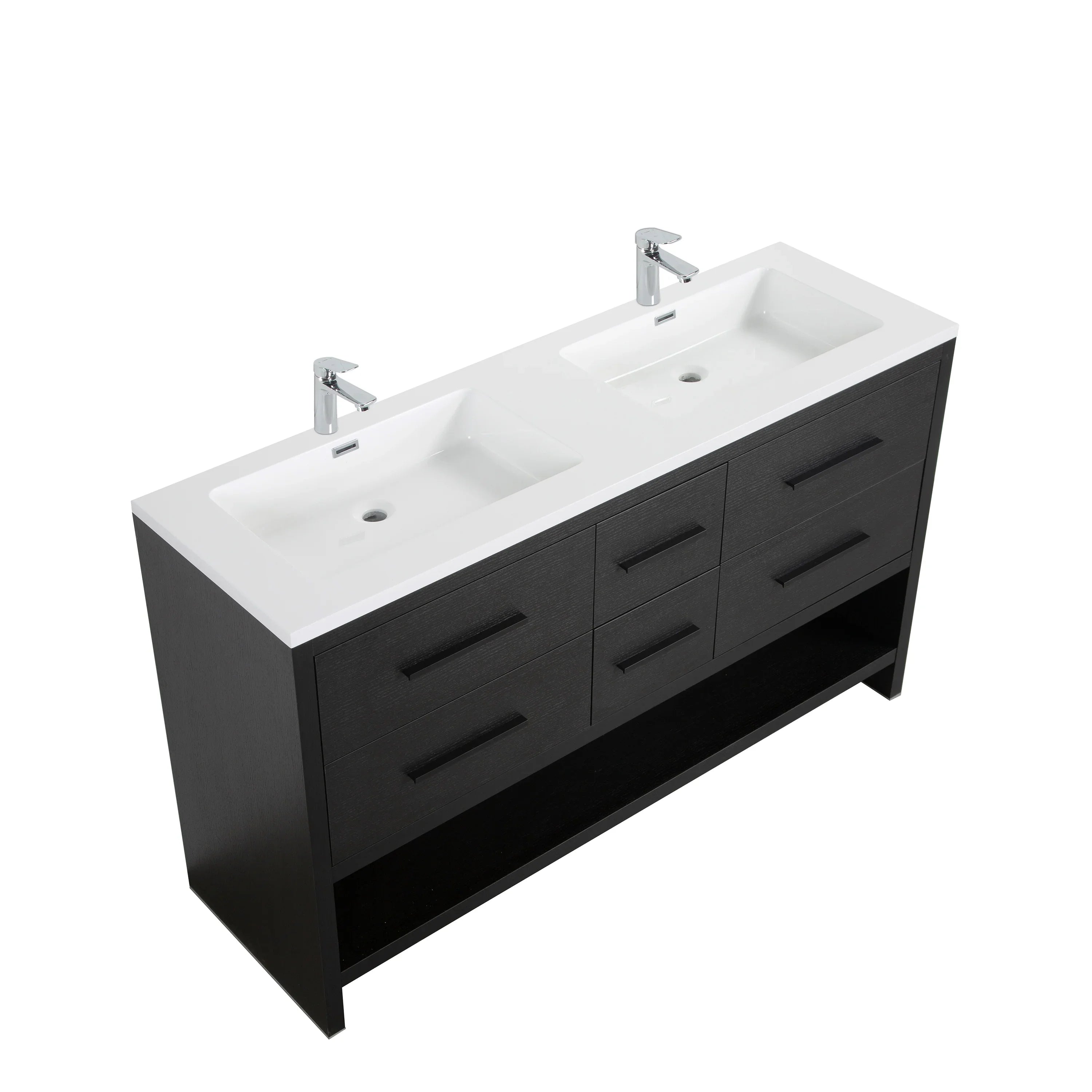 60" Black Oak Freestanding Double Sink Bathroom Vanity with White Polymarble Countertop-Migration_Bathroom Vanities-DECOROLALA