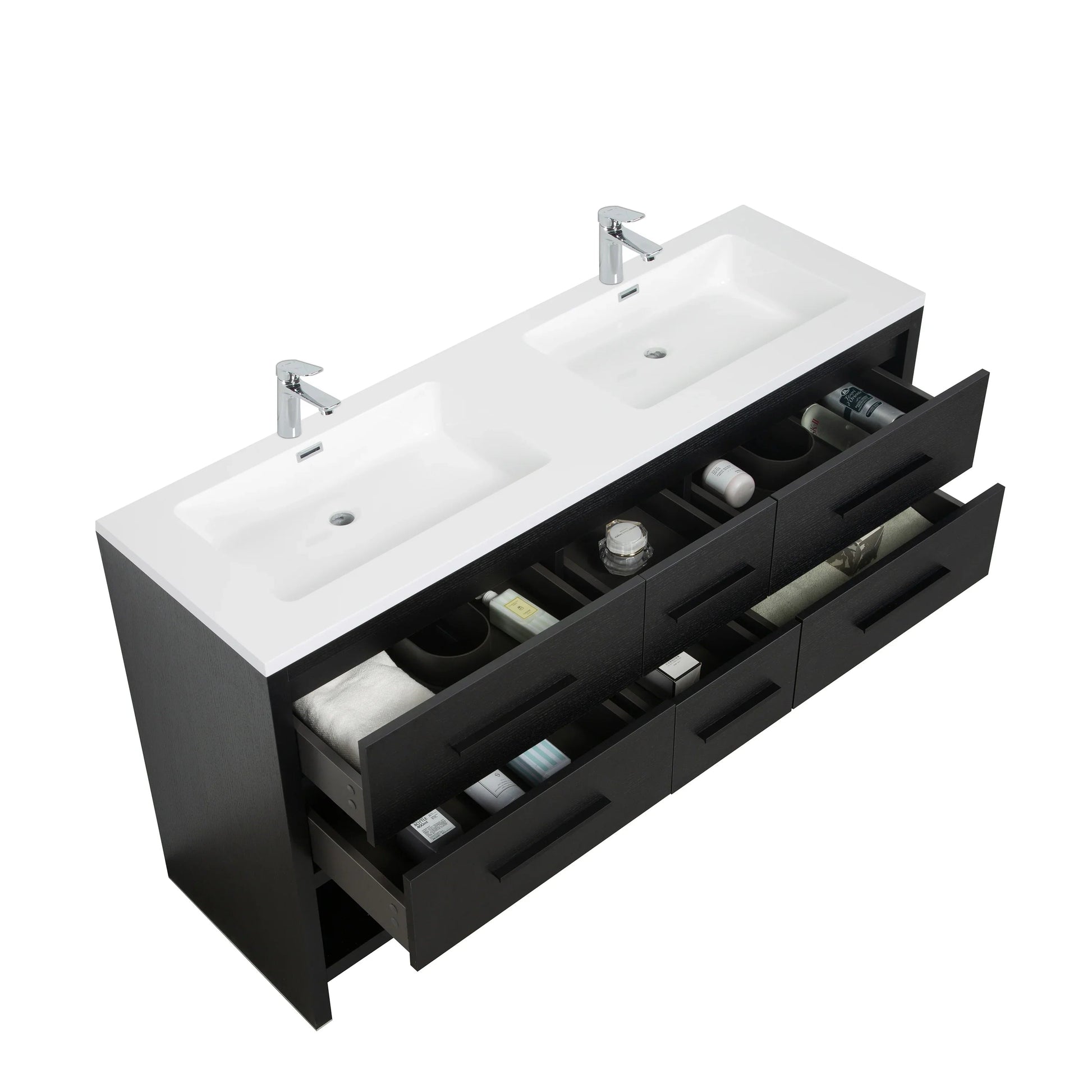 60" Black Oak Freestanding Double Sink Bathroom Vanity with White Polymarble Countertop-Migration_Bathroom Vanities-DECOROLALA