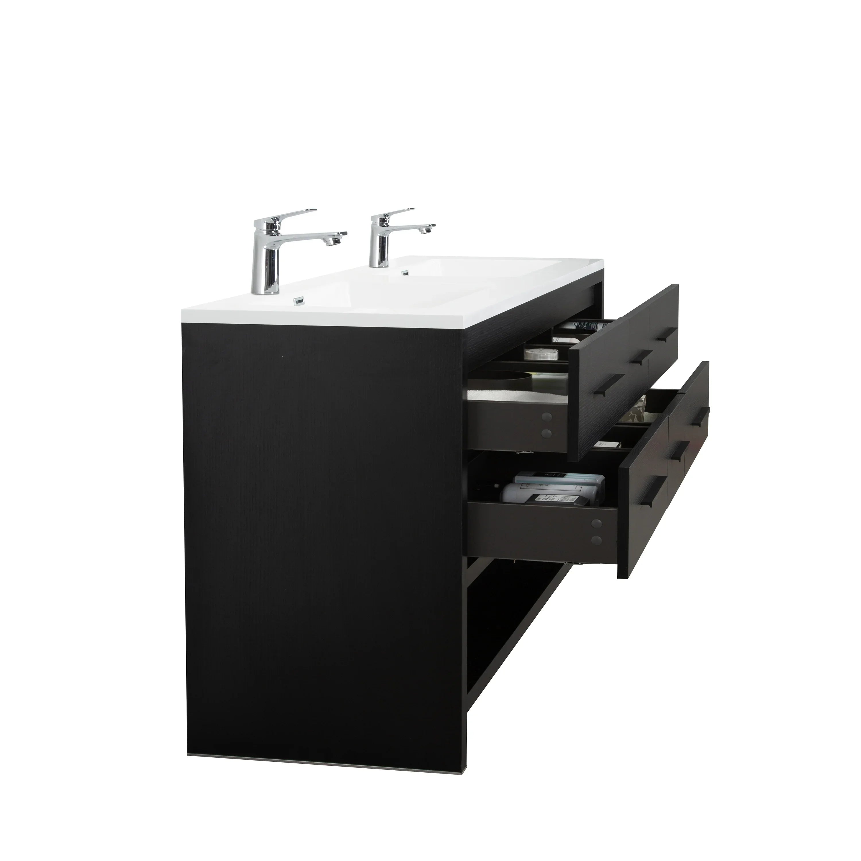 60" Black Oak Freestanding Double Sink Bathroom Vanity with White Polymarble Countertop-Migration_Bathroom Vanities-DECOROLALA