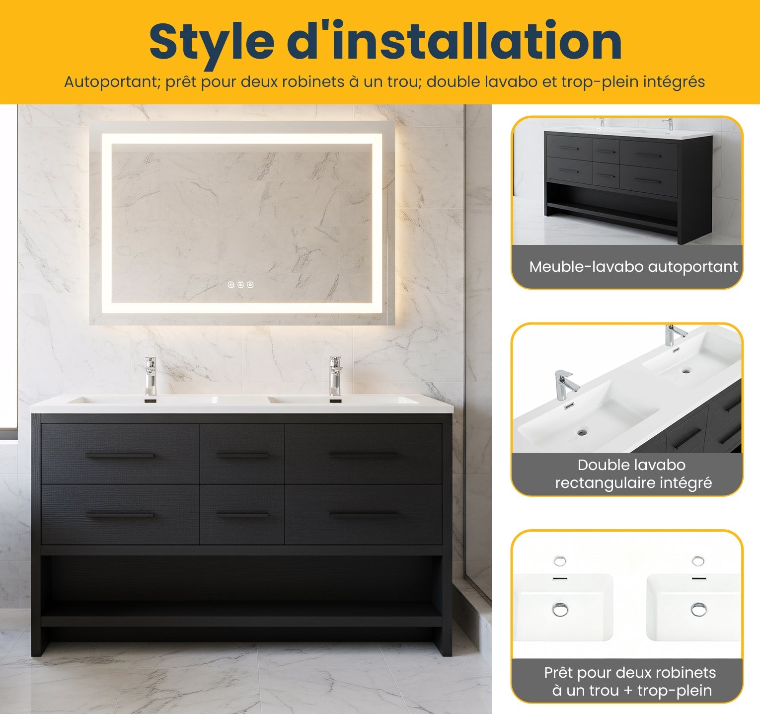 60" Black Oak Freestanding Double Sink Bathroom Vanity with White Polymarble Countertop-Migration_Bathroom Vanities-DECOROLALA
