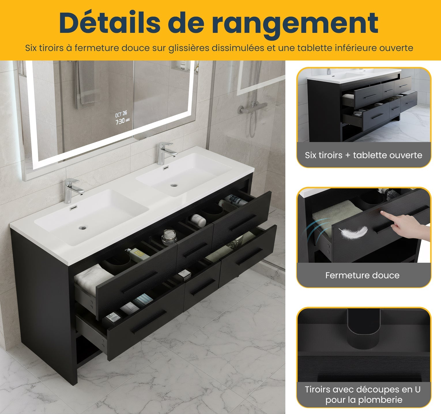 60" Black Oak Freestanding Double Sink Bathroom Vanity with White Polymarble Countertop-Migration_Bathroom Vanities-DECOROLALA