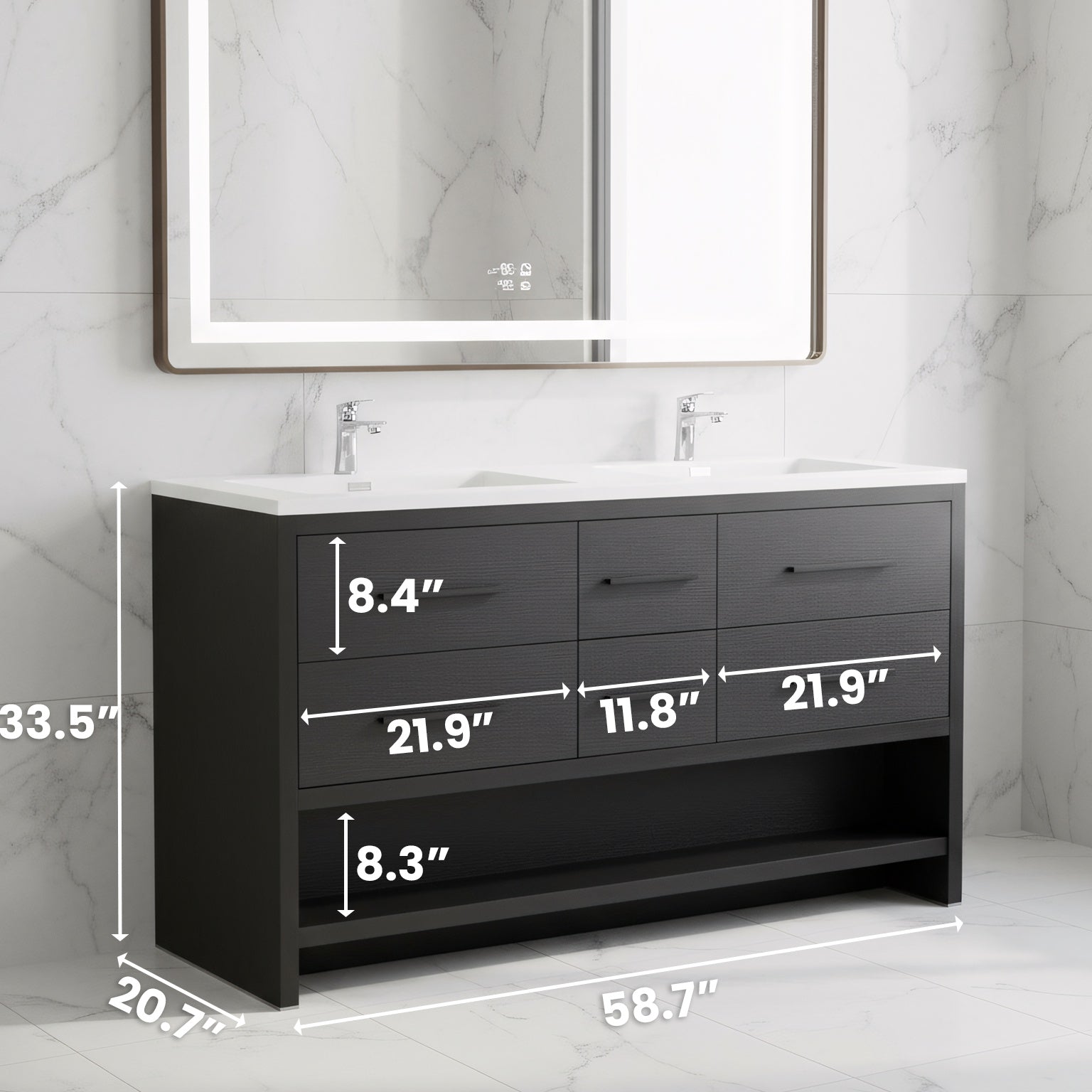 60" Black Oak Freestanding Double Sink Bathroom Vanity with White Polymarble Countertop-Migration_Bathroom Vanities-DECOROLALA