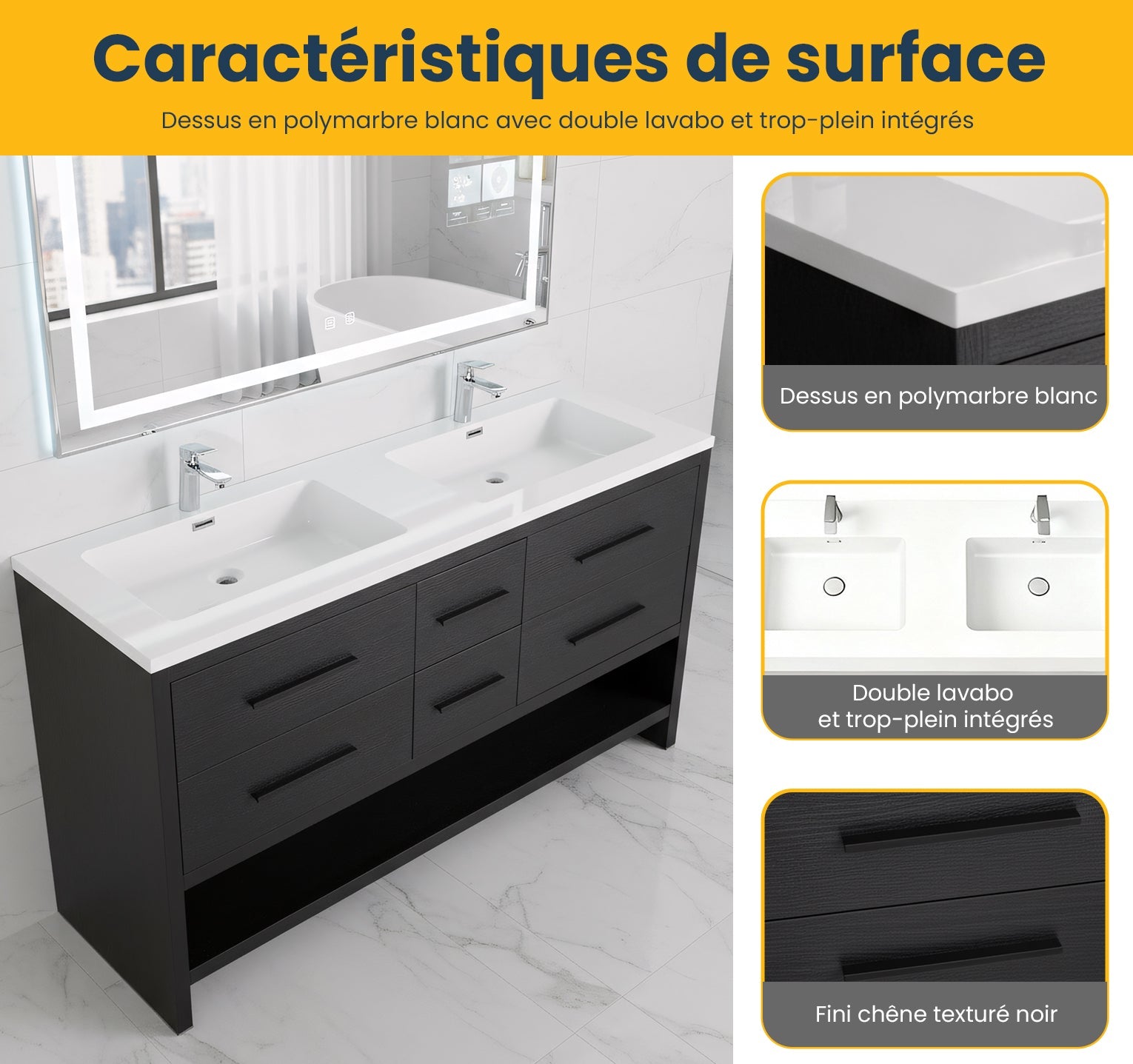 60" Black Oak Freestanding Double Sink Bathroom Vanity with White Polymarble Countertop-Migration_Bathroom Vanities-DECOROLALA