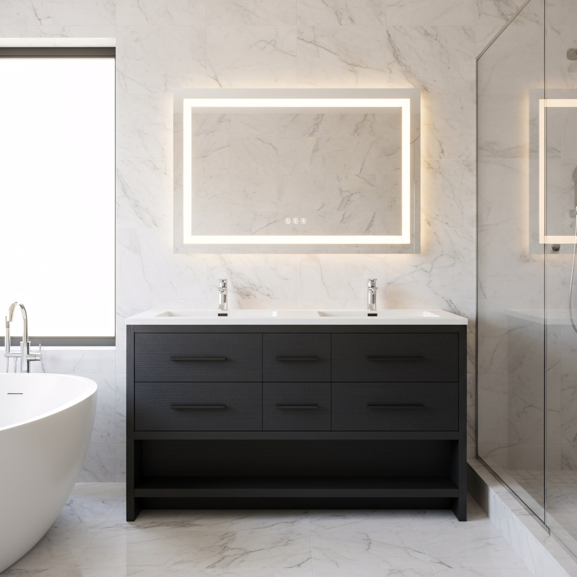 60" Black Oak Freestanding Double Sink Bathroom Vanity with White Polymarble Countertop-Migration_Bathroom Vanities-DECOROLALA