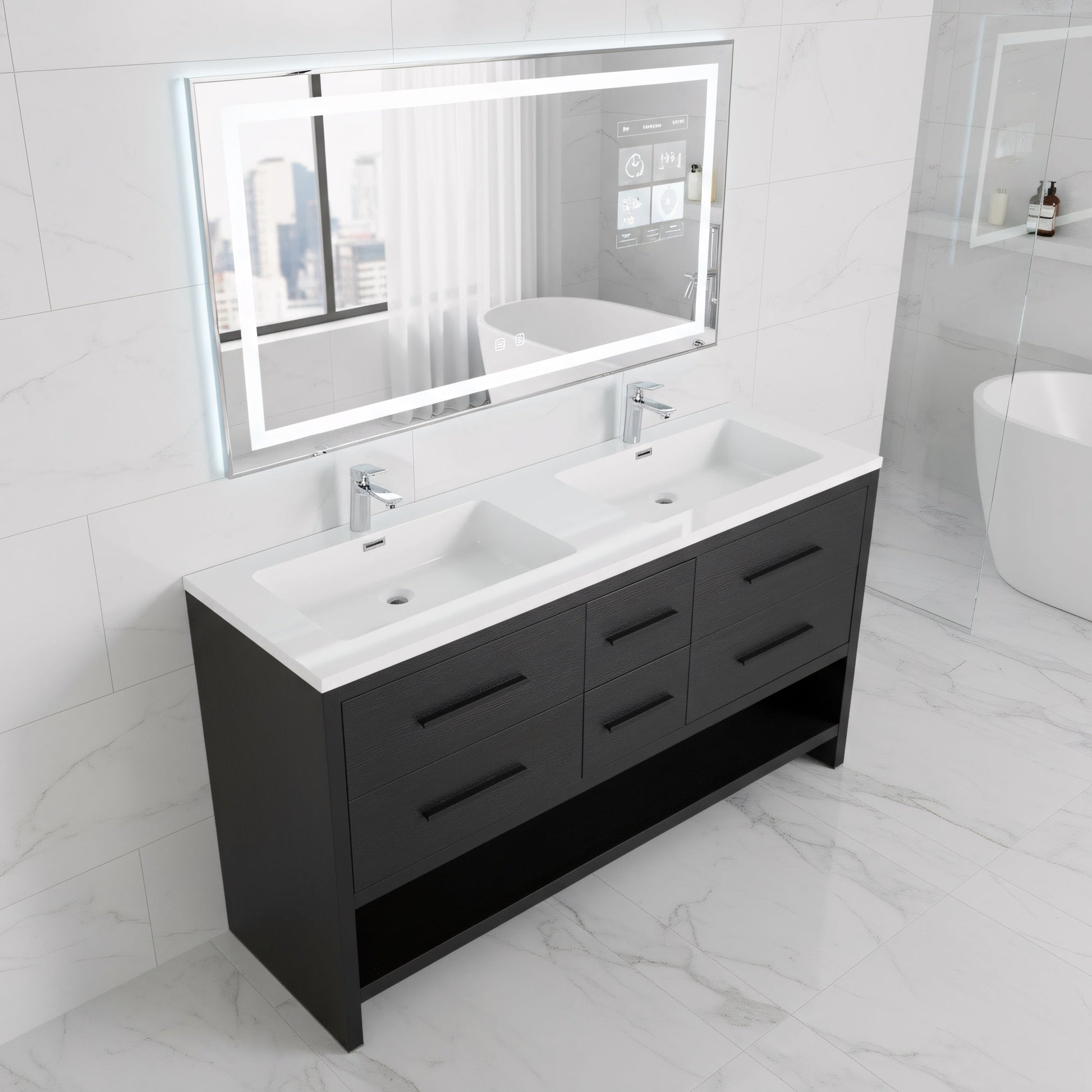 60" Black Oak Freestanding Double Sink Bathroom Vanity with White Polymarble Countertop-Migration_Bathroom Vanities-DECOROLALA
