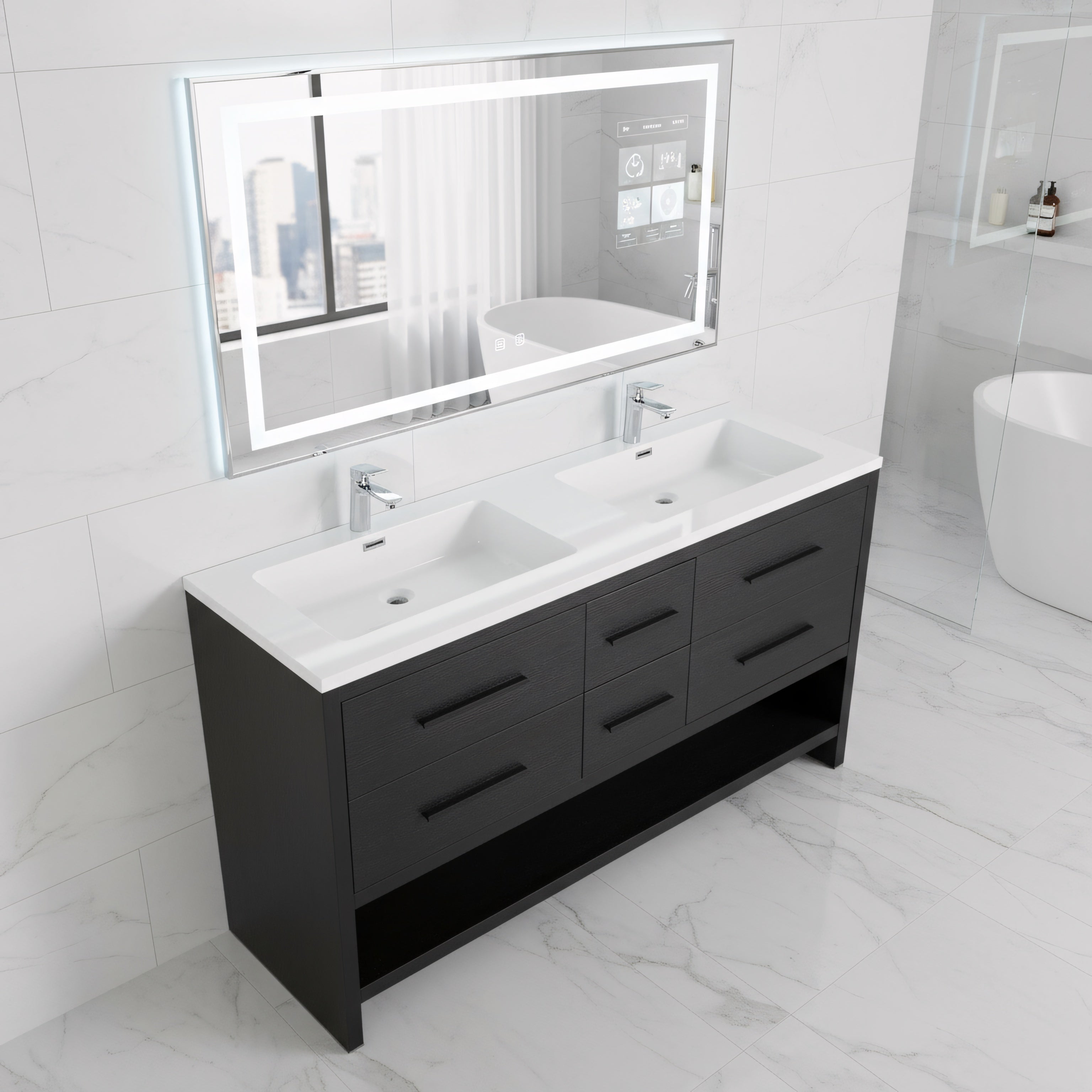 60" Black Oak Freestanding Double Sink Bathroom Vanity with White Polymarble Countertop-Migration_Bathroom Vanities-DECOROLALA