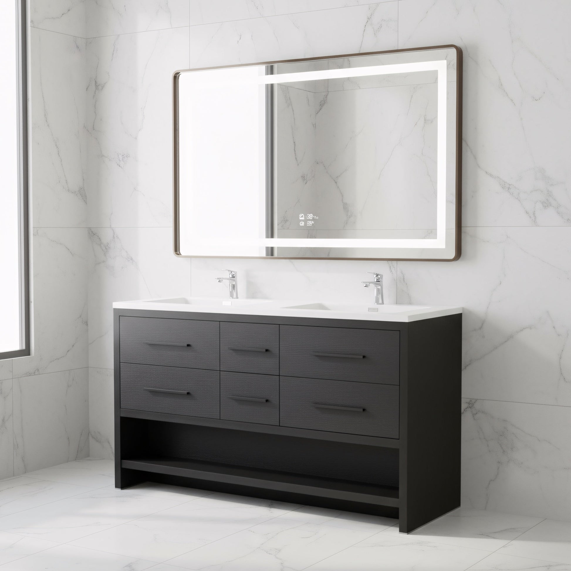60" Black Oak Freestanding Double Sink Bathroom Vanity with White Polymarble Countertop-Migration_Bathroom Vanities-DECOROLALA