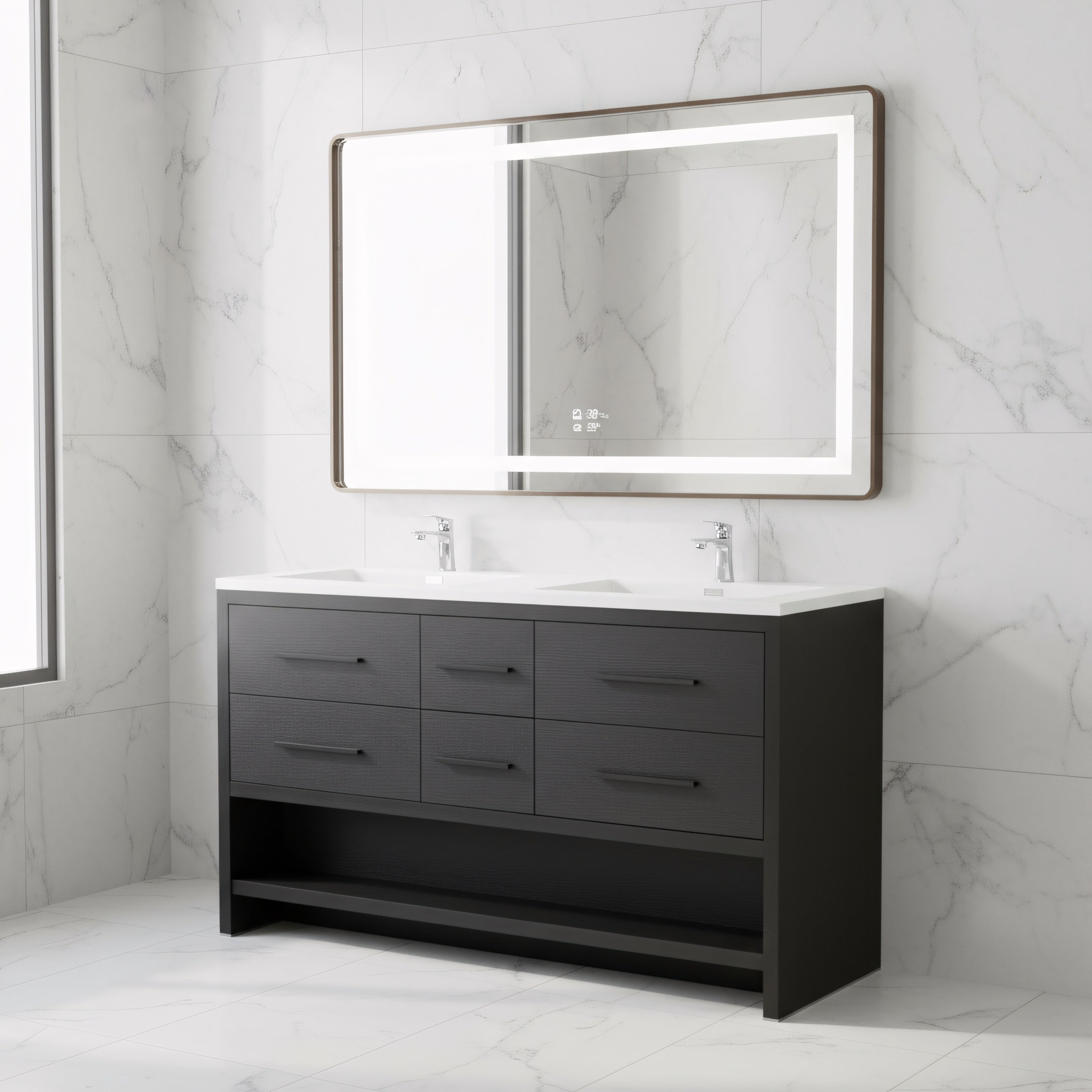 60" Black Oak Freestanding Double Sink Bathroom Vanity with White Polymarble Countertop-Migration_Bathroom Vanities-DECOROLALA