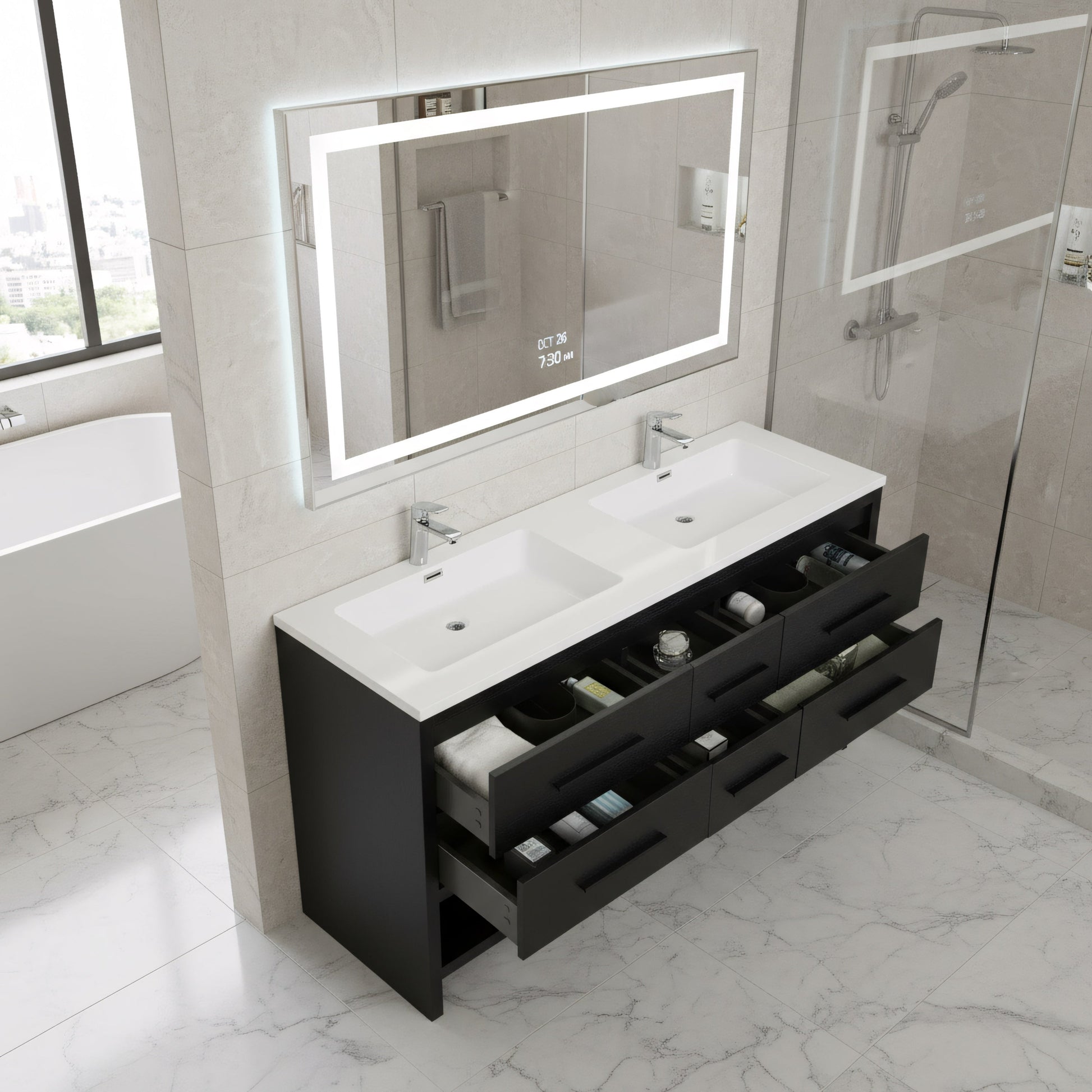 60" Black Oak Freestanding Double Sink Bathroom Vanity with White Polymarble Countertop-Migration_Bathroom Vanities-DECOROLALA