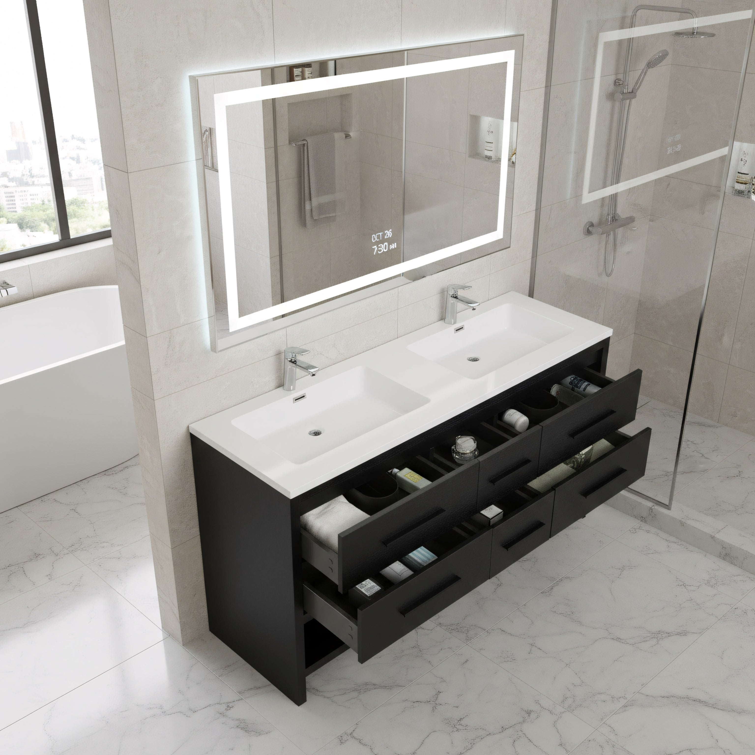 60" Black Oak Freestanding Double Sink Bathroom Vanity with White Polymarble Countertop-Migration_Bathroom Vanities-DECOROLALA
