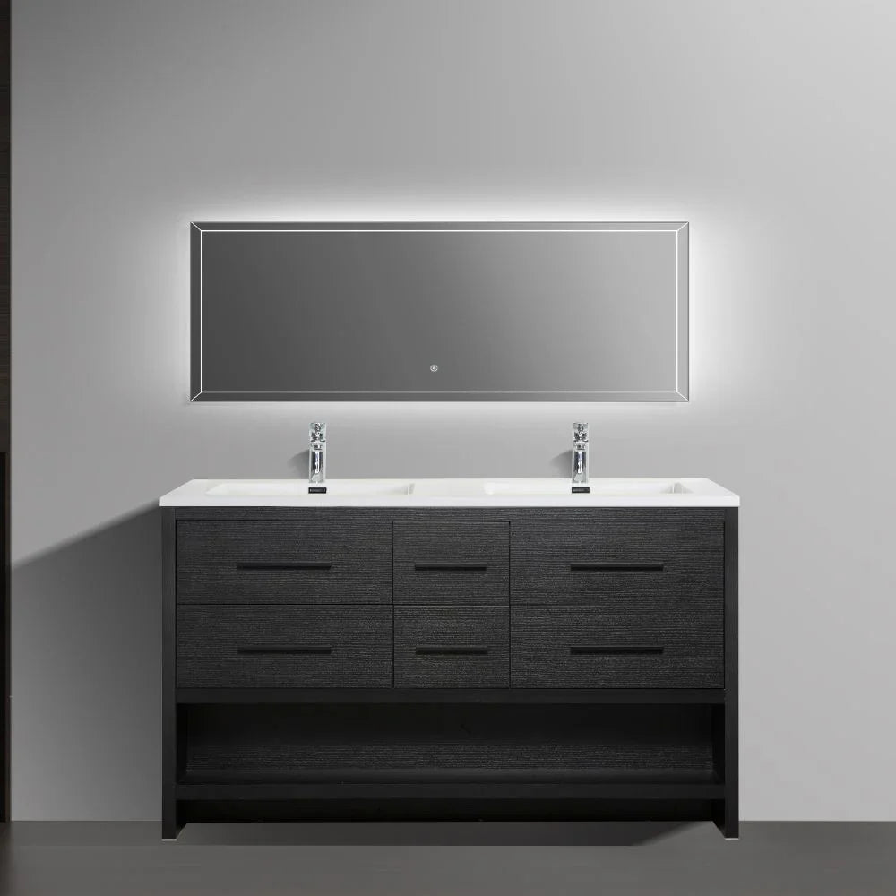 60" Black Oak Freestanding Double Sink Bathroom Vanity with White Polymarble Countertop-Migration_Bathroom Vanities-DECOROLALA