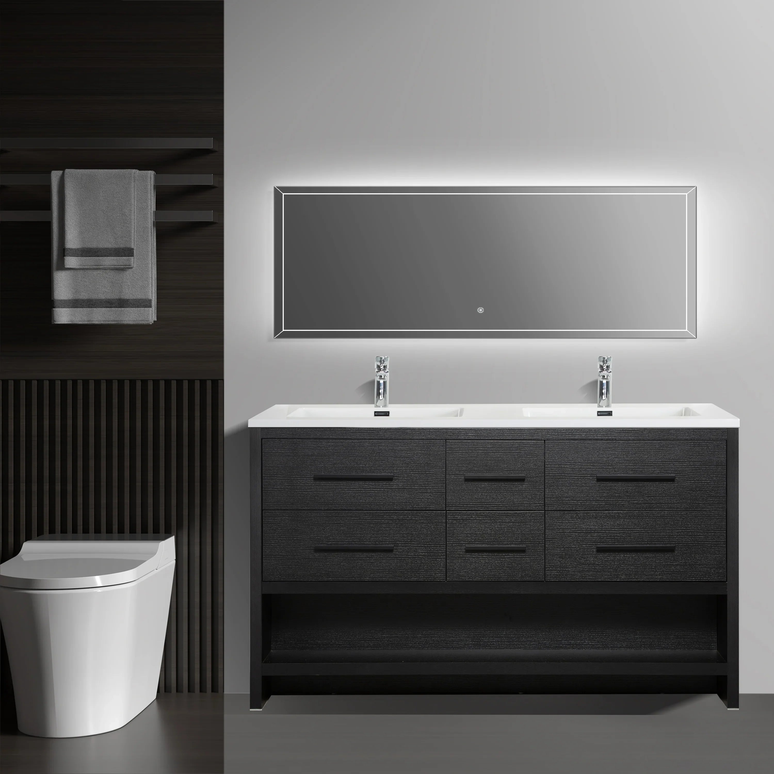60" Black Oak Freestanding Double Sink Bathroom Vanity with White Polymarble Countertop-Migration_Bathroom Vanities-DECOROLALA