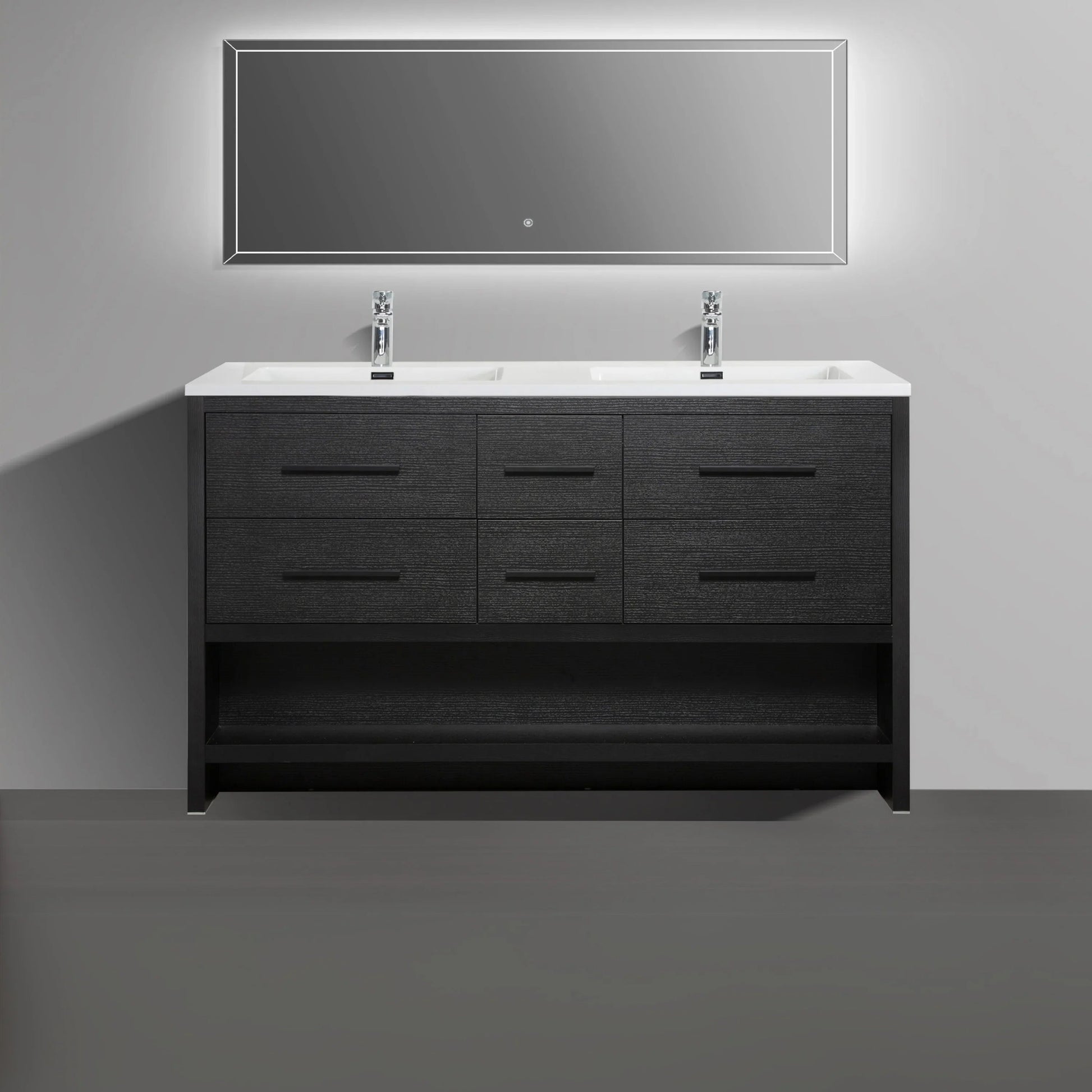 60" Black Oak Freestanding Double Sink Bathroom Vanity with White Polymarble Countertop-Migration_Bathroom Vanities-DECOROLALA