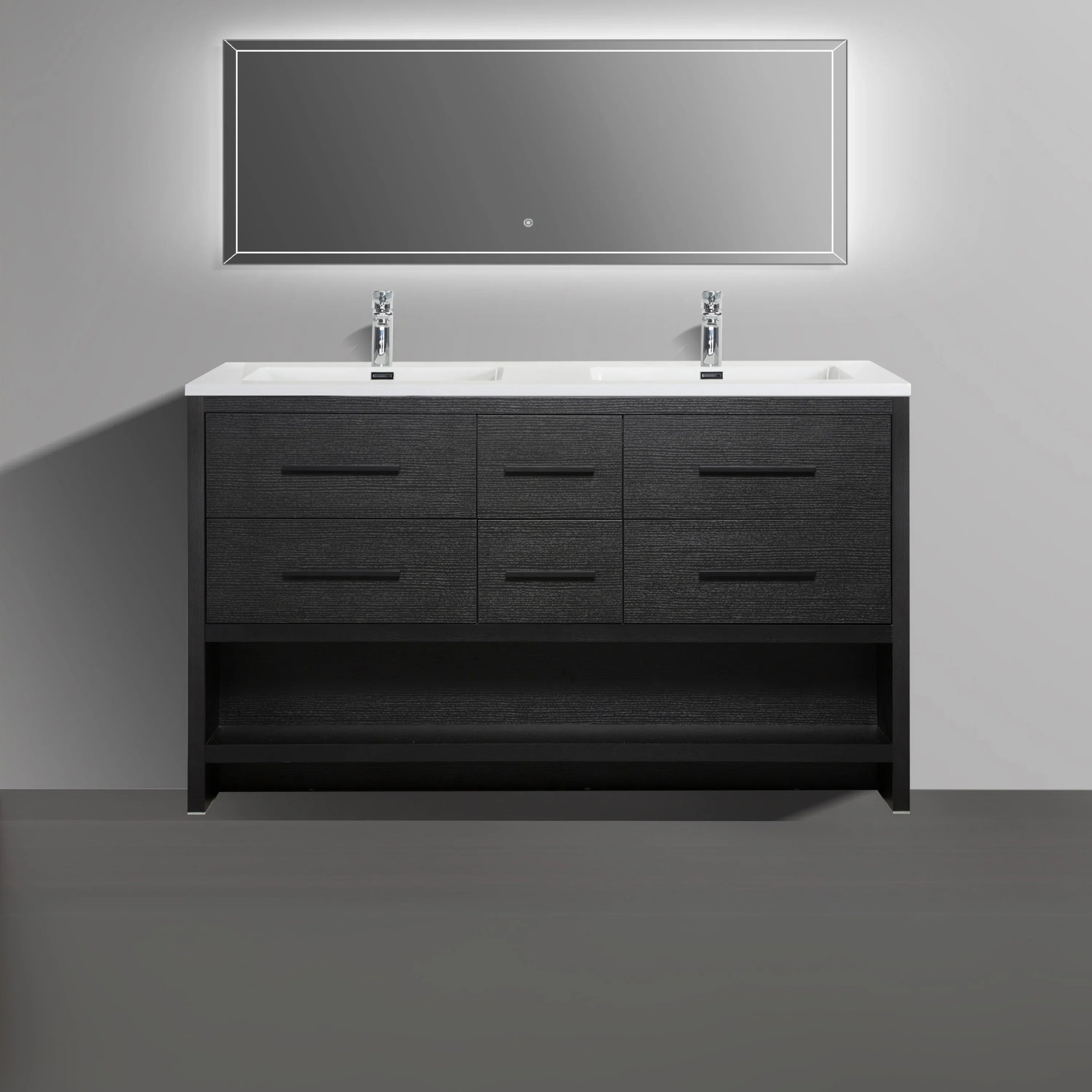 60" Black Oak Freestanding Double Sink Bathroom Vanity with White Polymarble Countertop-Migration_Bathroom Vanities-DECOROLALA