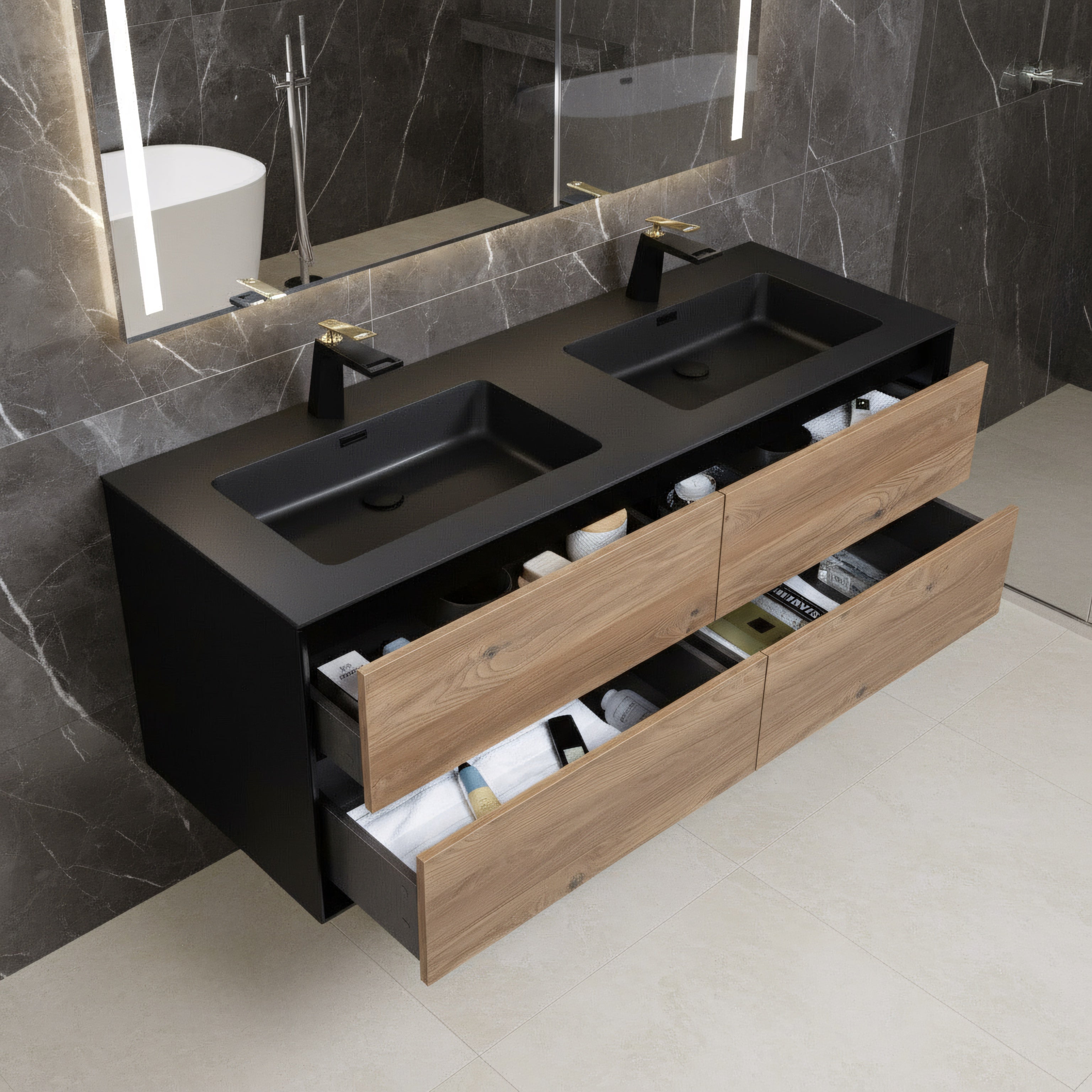 60" Black & Rough Oak Wall Mount Double Sink Bathroom Vanity with Black Engineered Quartz Countertop-Migration_Bathroom Vanities-DECOROLALA