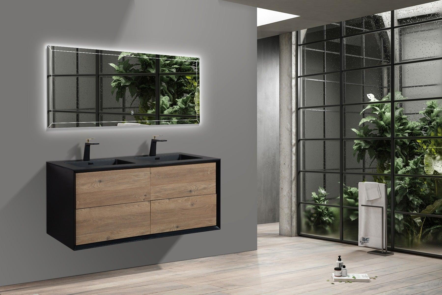 60" Black & Rough Oak Wall Mount Double Sink Bathroom Vanity with Black Engineered Quartz Countertop-Migration_Bathroom Vanities-DECOROLALA