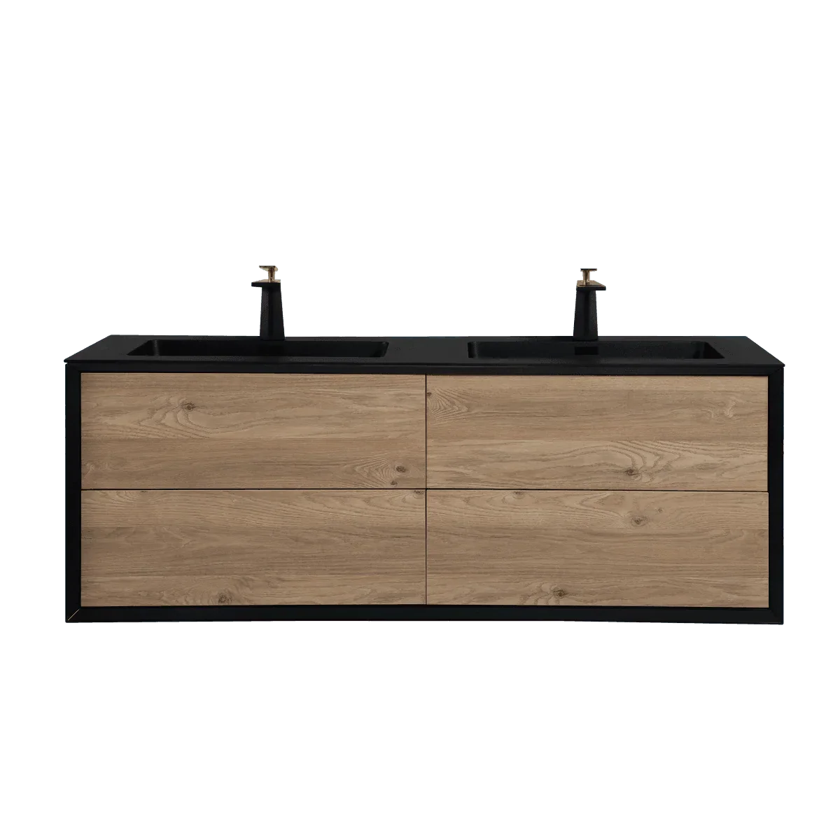 60" Black & Rough Oak Wall Mount Double Sink Bathroom Vanity with Black Engineered Quartz Countertop-Migration_Bathroom Vanities-DECOROLALA