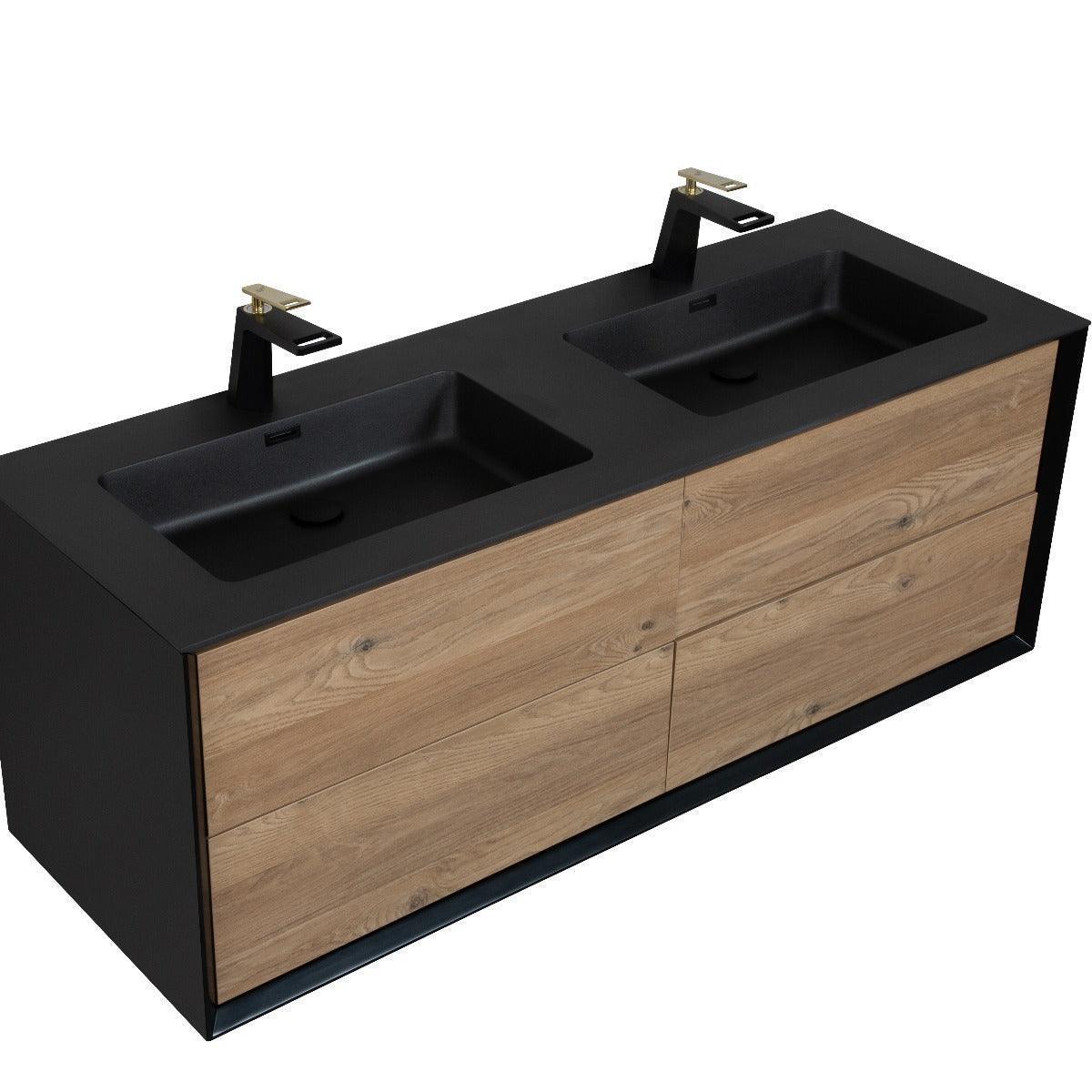 60" Black & Rough Oak Wall Mount Double Sink Bathroom Vanity with Black Engineered Quartz Countertop-Migration_Bathroom Vanities-DECOROLALA