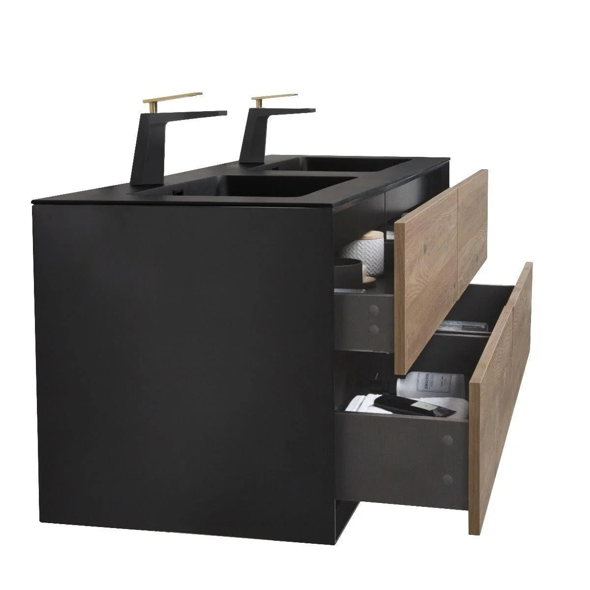 60" Black & Rough Oak Wall Mount Double Sink Bathroom Vanity with Black Engineered Quartz Countertop-Migration_Bathroom Vanities-DECOROLALA