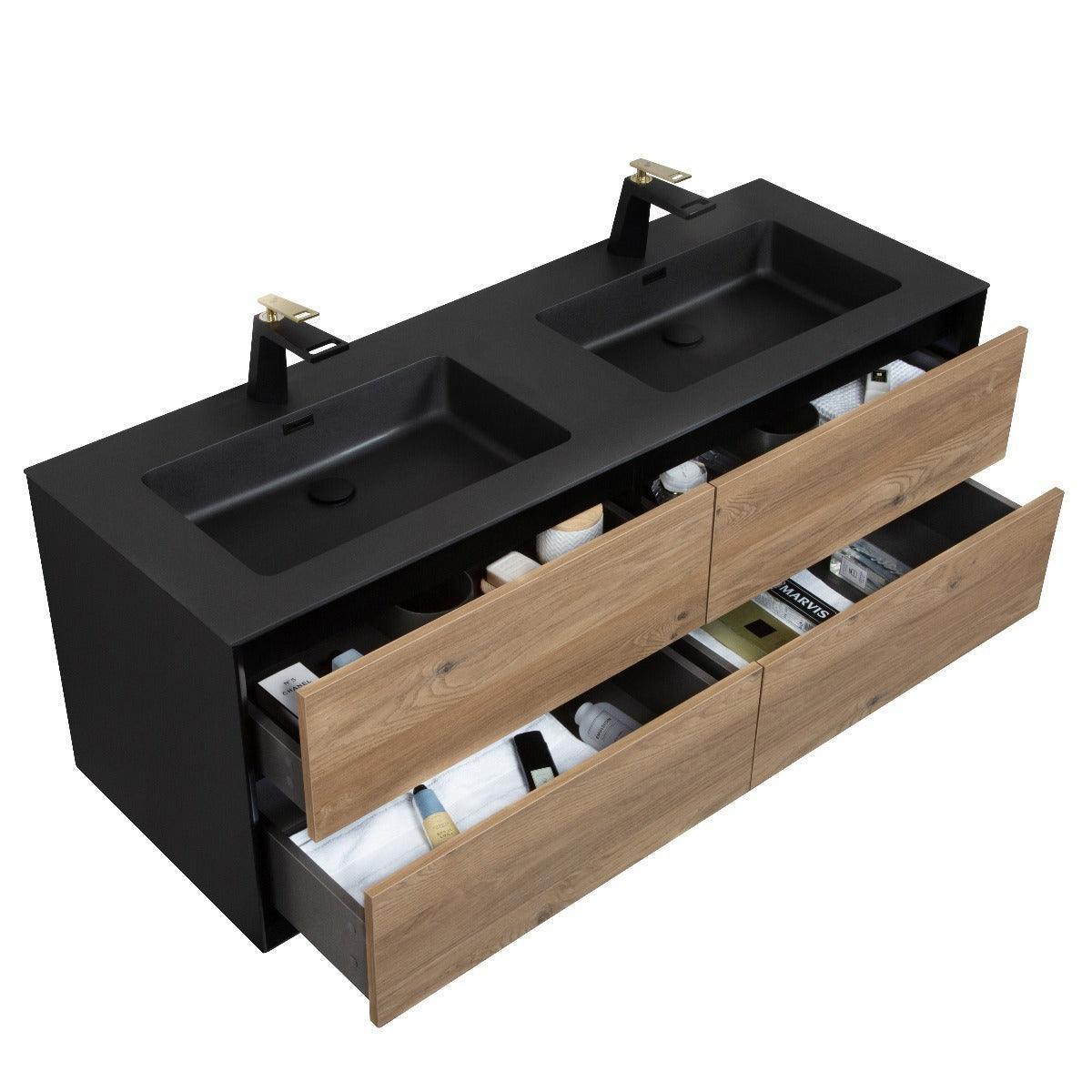 60" Black & Rough Oak Wall Mount Double Sink Bathroom Vanity with Black Engineered Quartz Countertop-Migration_Bathroom Vanities-DECOROLALA