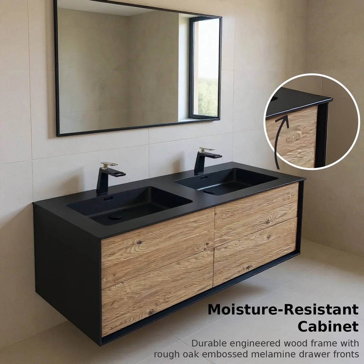 60" Black & Rough Oak Wall Mount Double Sink Bathroom Vanity with Black Engineered Quartz Countertop-Migration_Bathroom Vanities-DECOROLALA