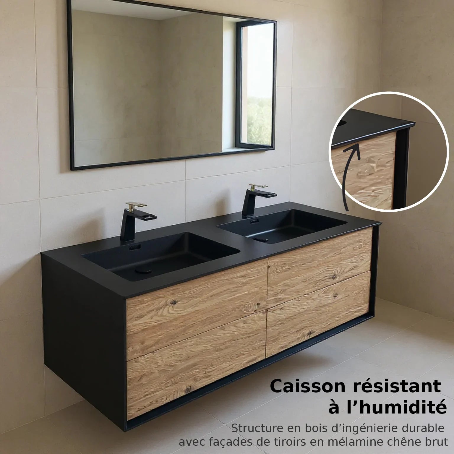 60" Black & Rough Oak Wall Mount Double Sink Bathroom Vanity with Black Engineered Quartz Countertop-Migration_Bathroom Vanities-DECOROLALA