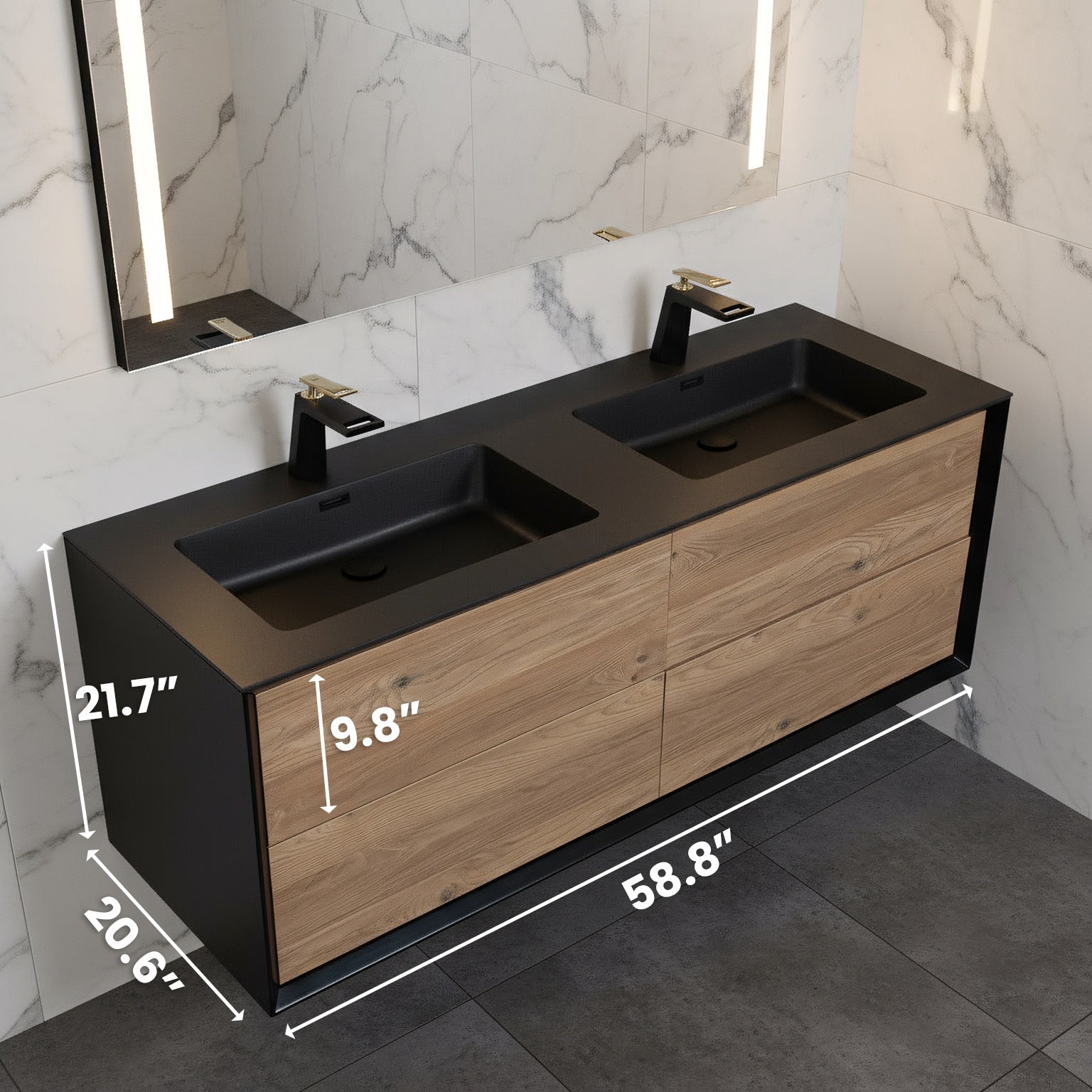 60" Black & Rough Oak Wall Mount Double Sink Bathroom Vanity with Black Engineered Quartz Countertop-Migration_Bathroom Vanities-DECOROLALA
