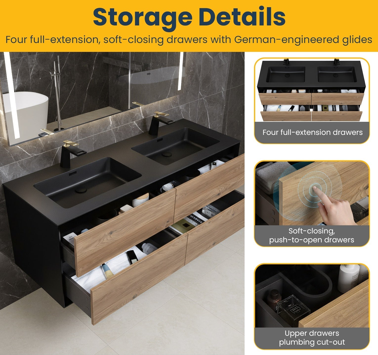 60" Black & Rough Oak Wall Mount Double Sink Bathroom Vanity with Black Engineered Quartz Countertop-Migration_Bathroom Vanities-DECOROLALA