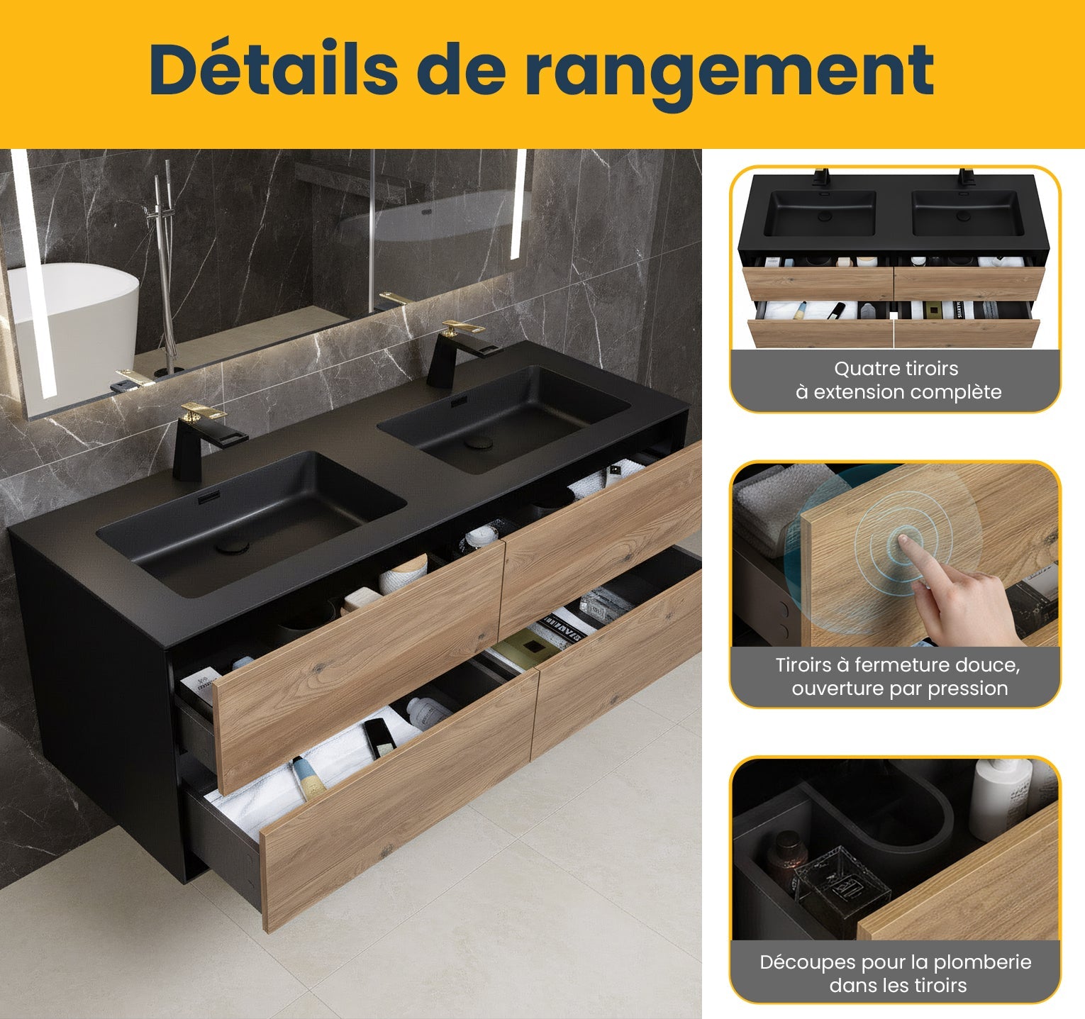 60" Black & Rough Oak Wall Mount Double Sink Bathroom Vanity with Black Engineered Quartz Countertop-Migration_Bathroom Vanities-DECOROLALA