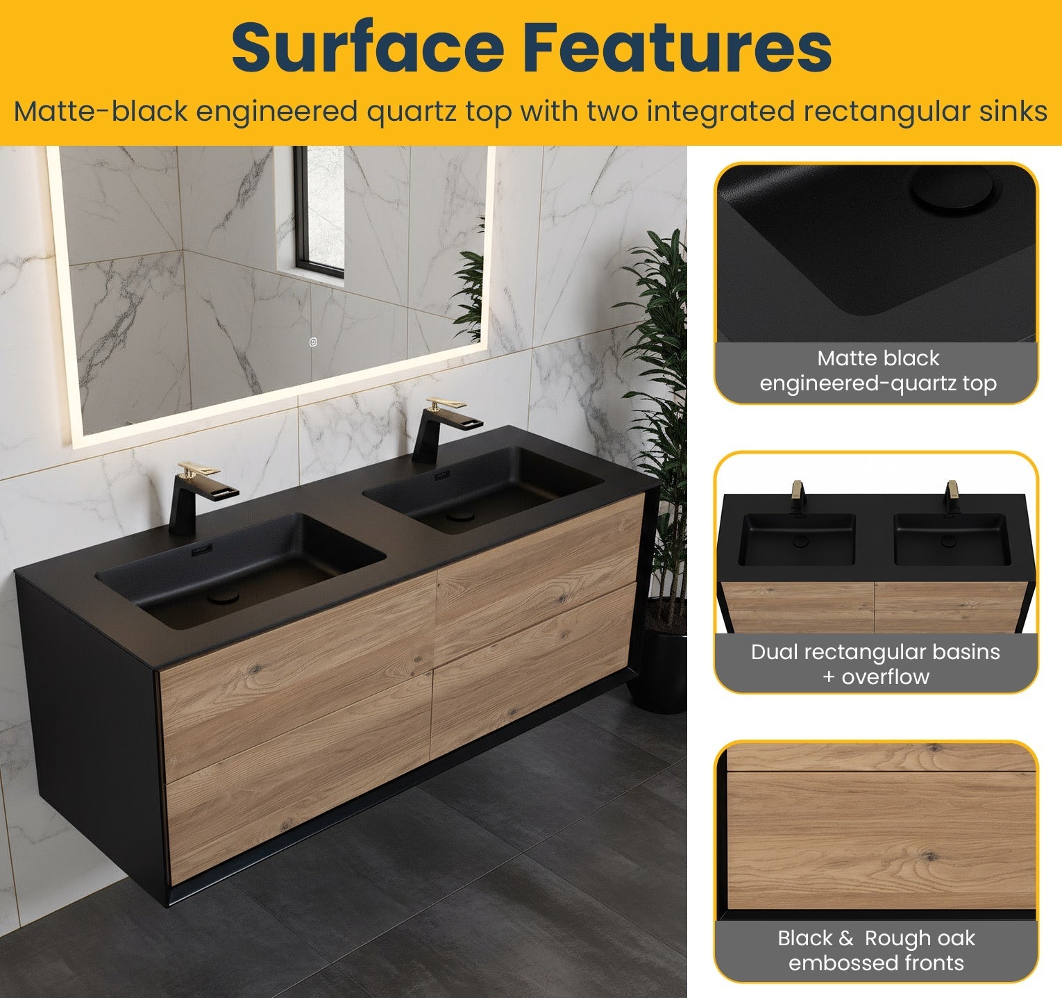 60" Black & Rough Oak Wall Mount Double Sink Bathroom Vanity with Black Engineered Quartz Countertop-Migration_Bathroom Vanities-DECOROLALA