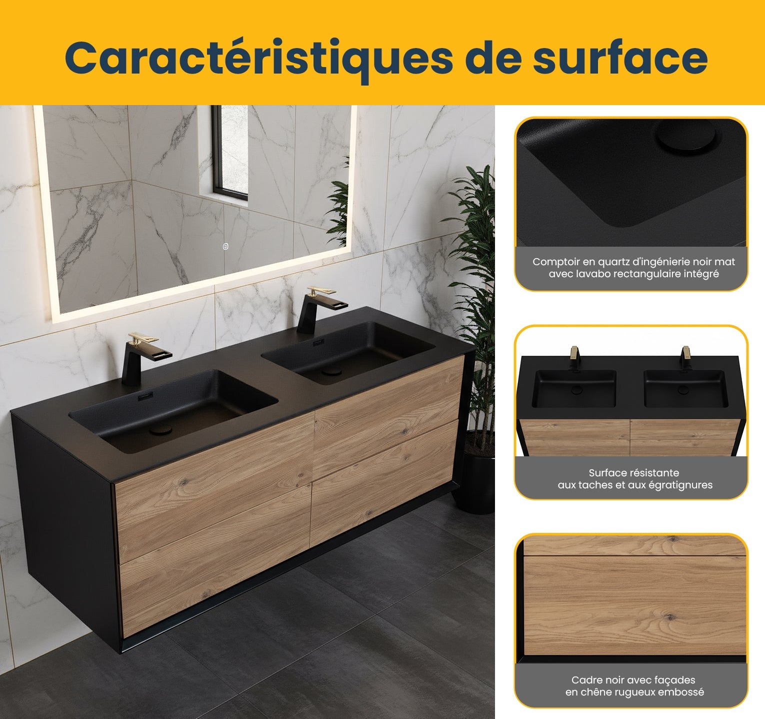 60" Black & Rough Oak Wall Mount Double Sink Bathroom Vanity with Black Engineered Quartz Countertop-Migration_Bathroom Vanities-DECOROLALA