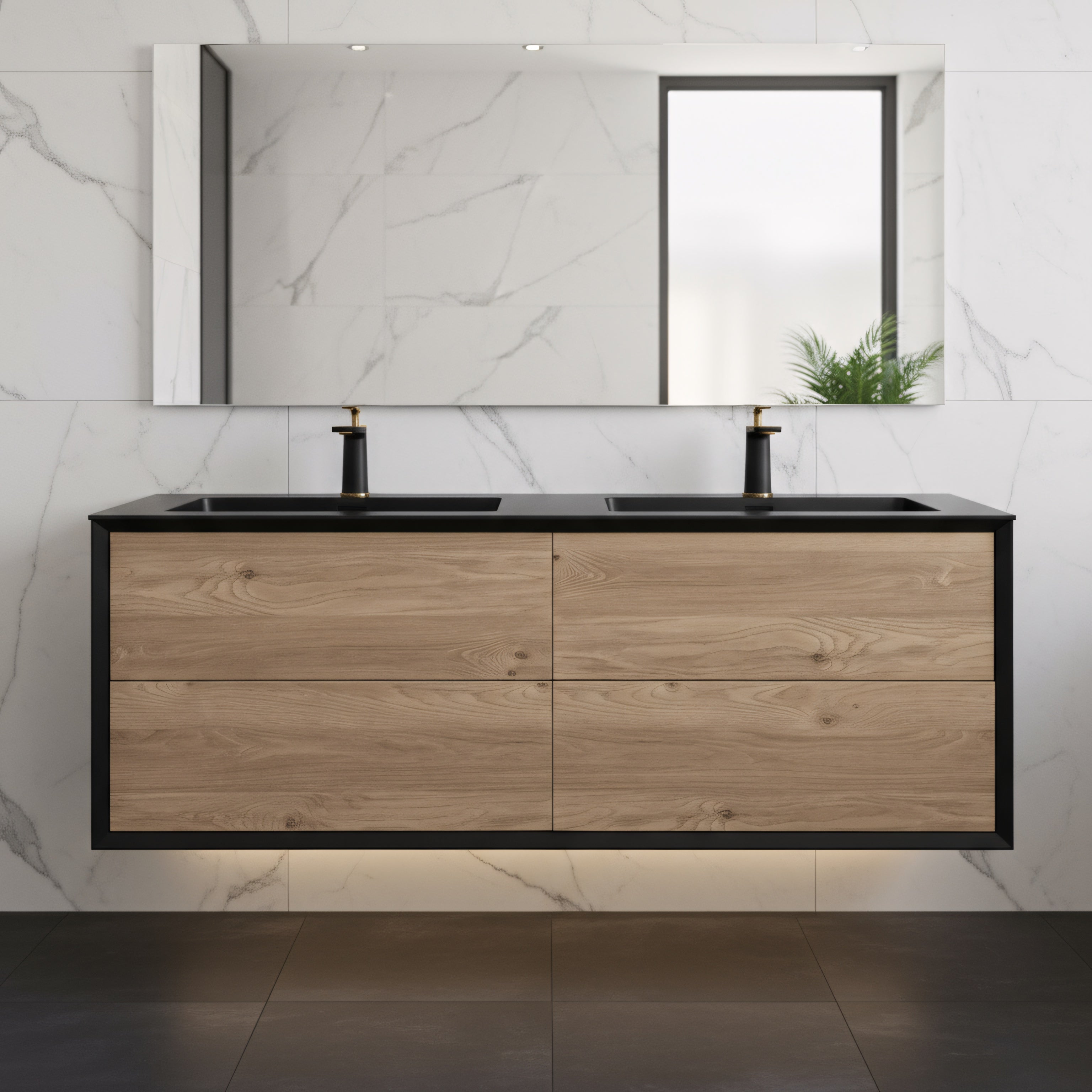 60" Black & Rough Oak Wall Mount Double Sink Bathroom Vanity with Black Engineered Quartz Countertop-Migration_Bathroom Vanities-DECOROLALA