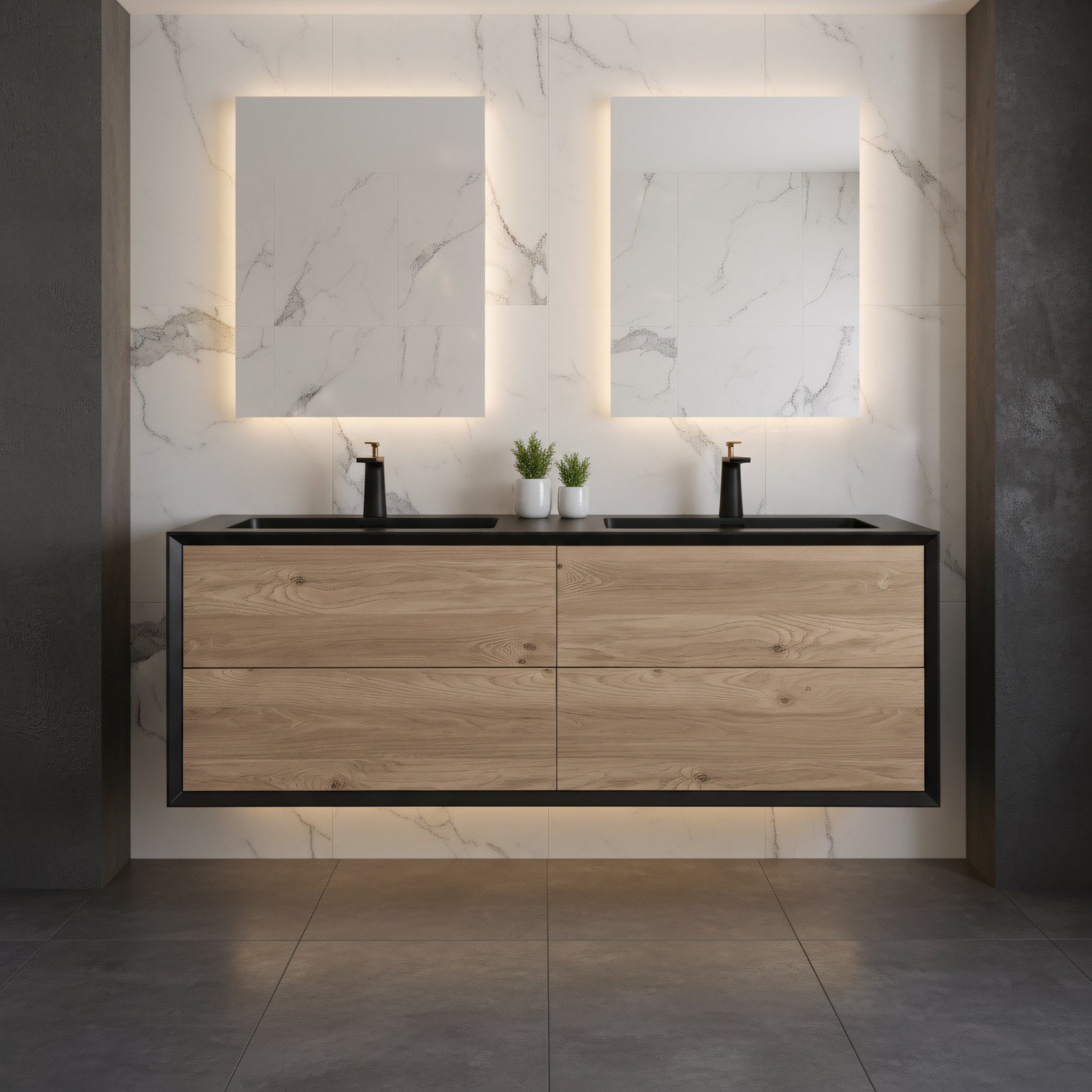 60" Black & Rough Oak Wall Mount Double Sink Bathroom Vanity with Black Engineered Quartz Countertop-Migration_Bathroom Vanities-DECOROLALA