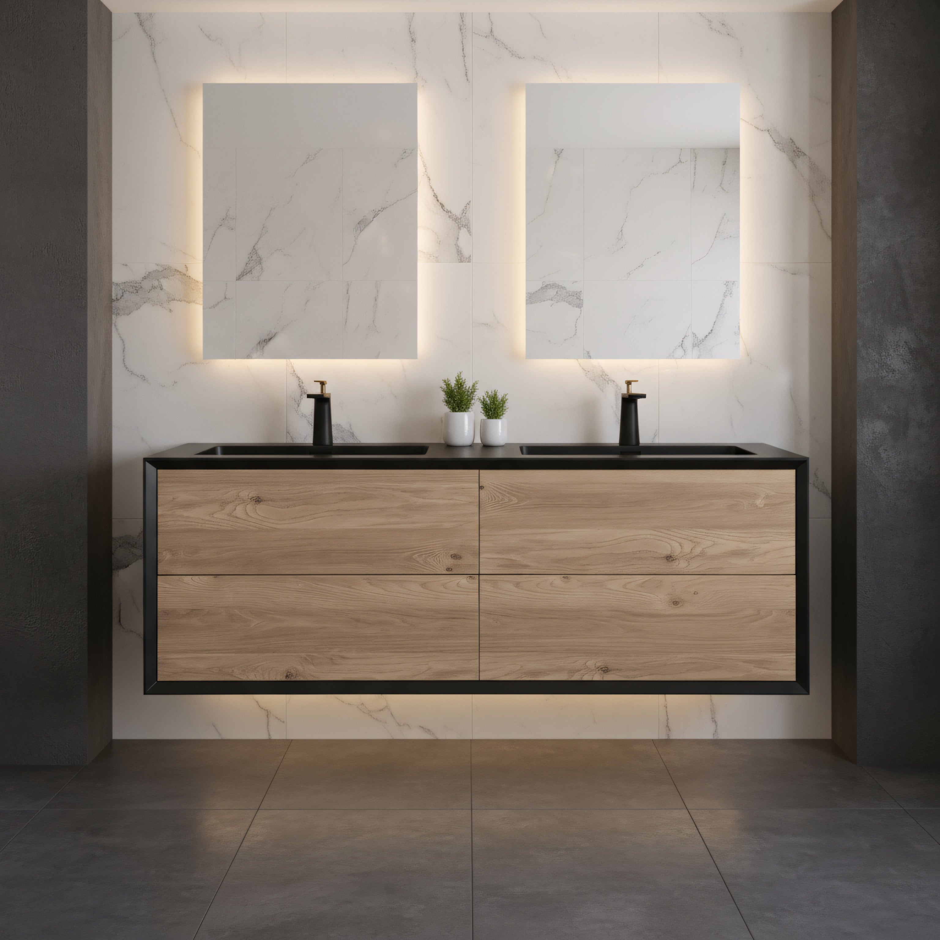 60" Black & Rough Oak Wall Mount Double Sink Bathroom Vanity with Black Engineered Quartz Countertop-Migration_Bathroom Vanities-DECOROLALA