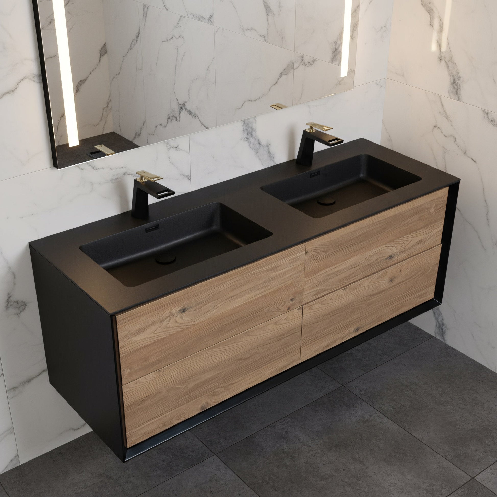 60" Black & Rough Oak Wall Mount Double Sink Bathroom Vanity with Black Engineered Quartz Countertop-Migration_Bathroom Vanities-DECOROLALA
