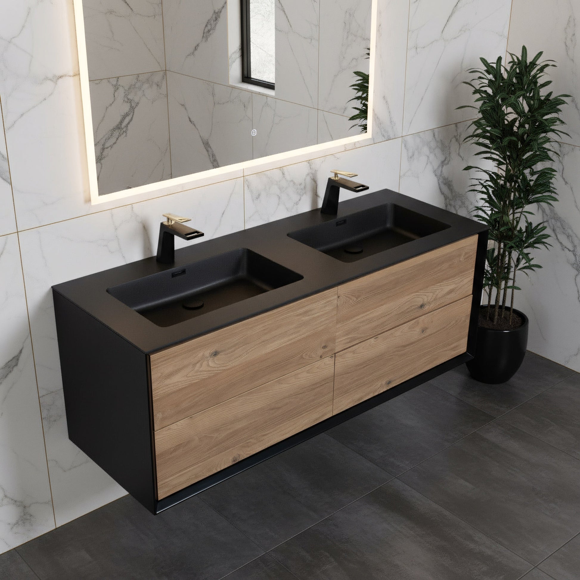 60" Black & Rough Oak Wall Mount Double Sink Bathroom Vanity with Black Engineered Quartz Countertop-Migration_Bathroom Vanities-DECOROLALA
