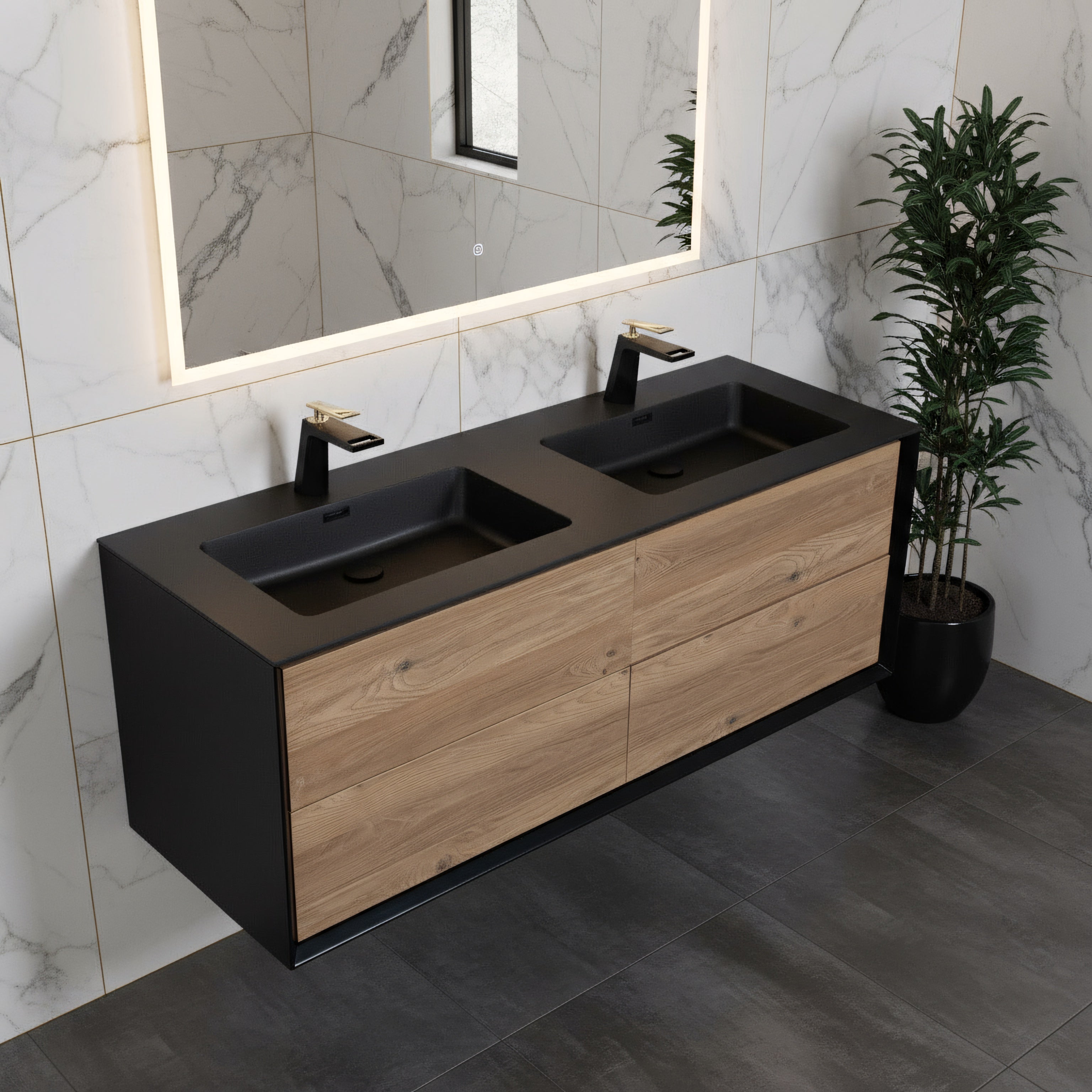 60" Black & Rough Oak Wall Mount Double Sink Bathroom Vanity with Black Engineered Quartz Countertop-Migration_Bathroom Vanities-DECOROLALA