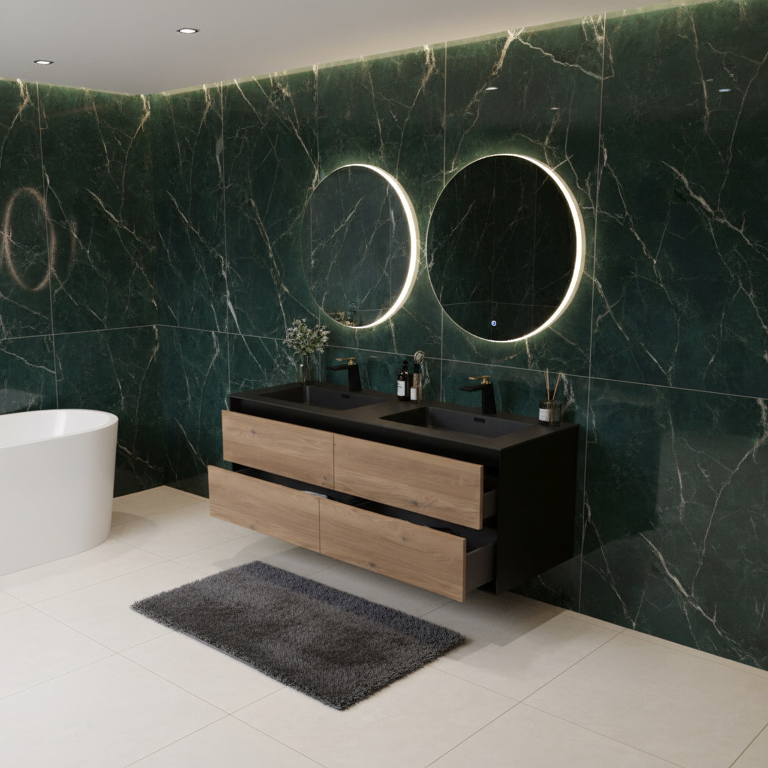 60" Black & Rough Oak Wall Mount Double Sink Bathroom Vanity with Black Engineered Quartz Countertop-Migration_Bathroom Vanities-DECOROLALA