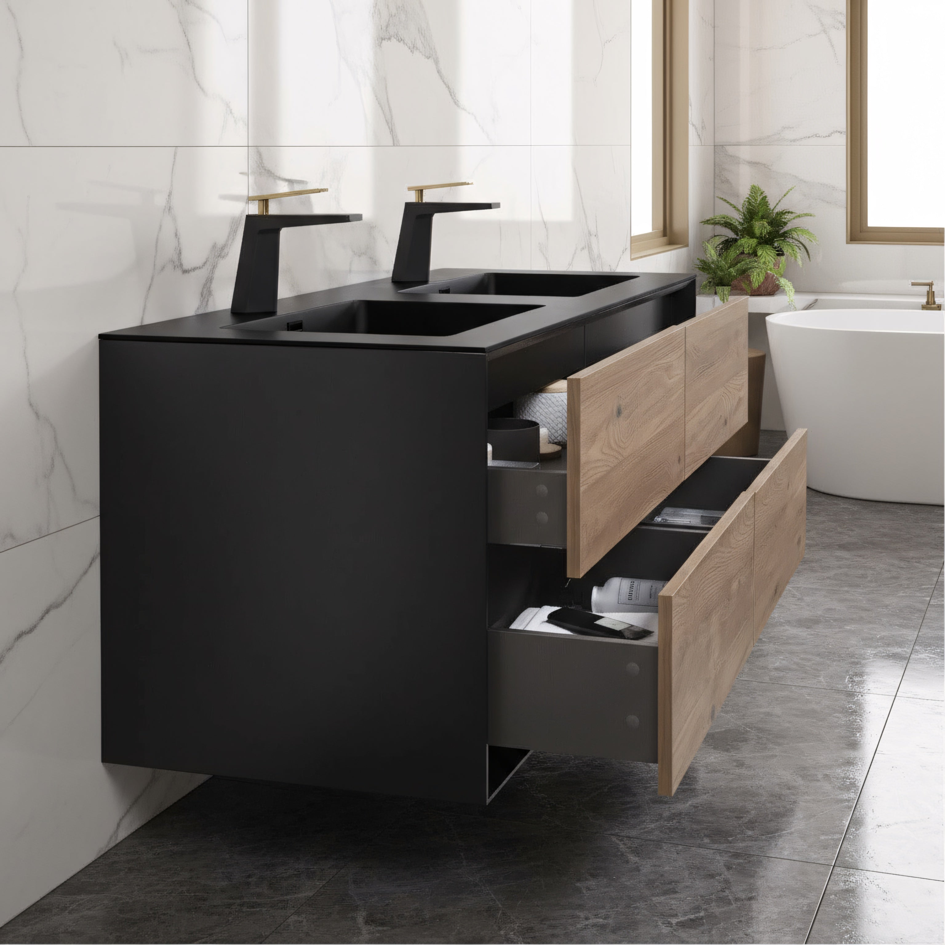 60" Black & Rough Oak Wall Mount Double Sink Bathroom Vanity with Black Engineered Quartz Countertop-Migration_Bathroom Vanities-DECOROLALA