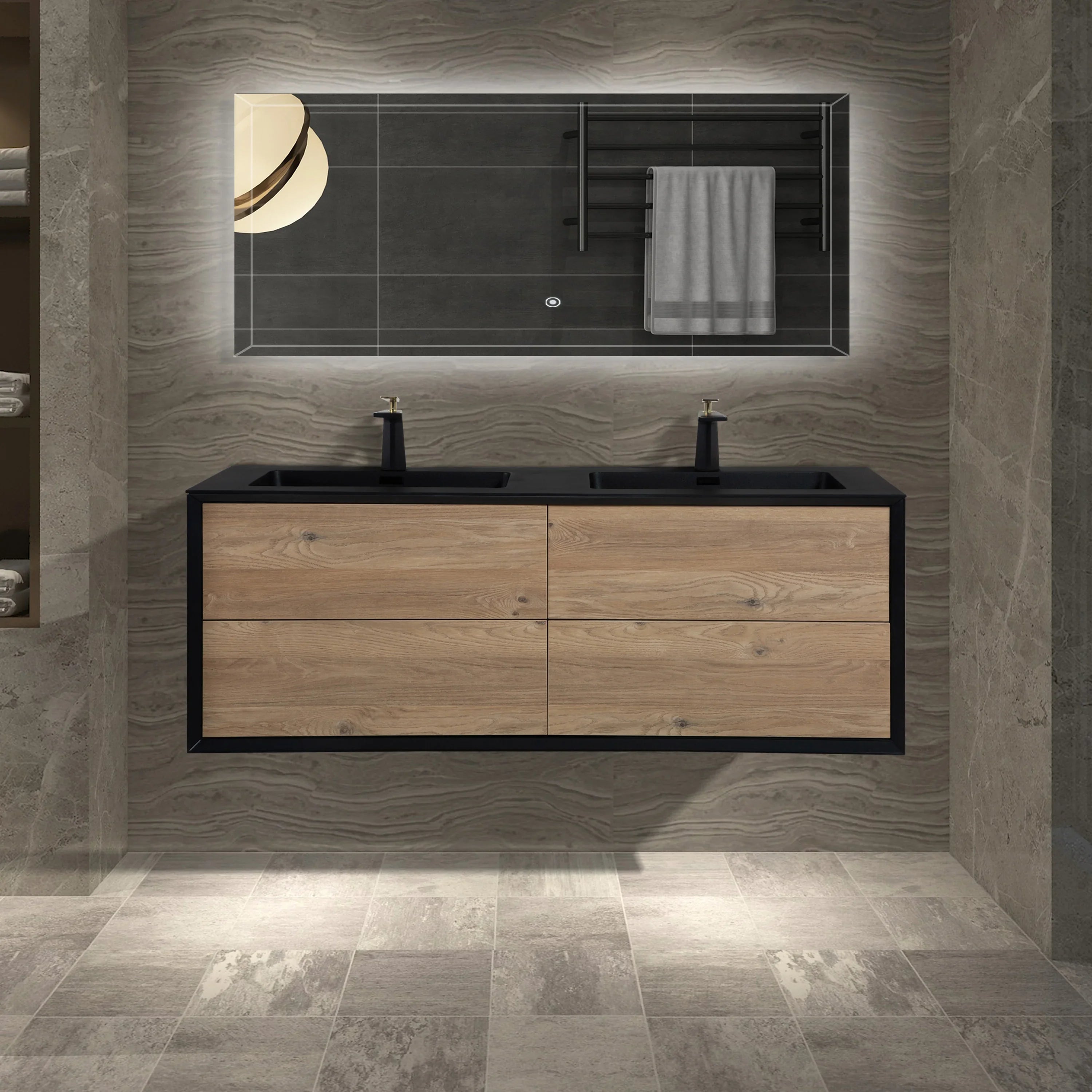 60" Black & Rough Oak Wall Mount Double Sink Bathroom Vanity with Black Engineered Quartz Countertop-Migration_Bathroom Vanities-DECOROLALA