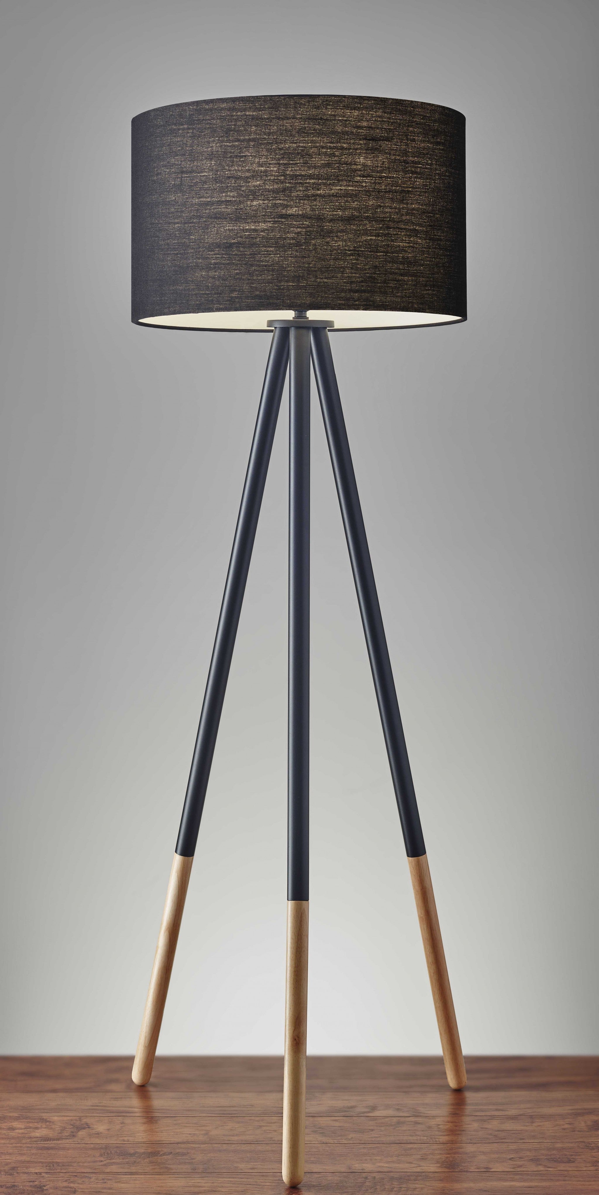 60" Black Tripod Floor Lamp With Black Fabric Drum Shade-Floor Lamps-DECOROLALA