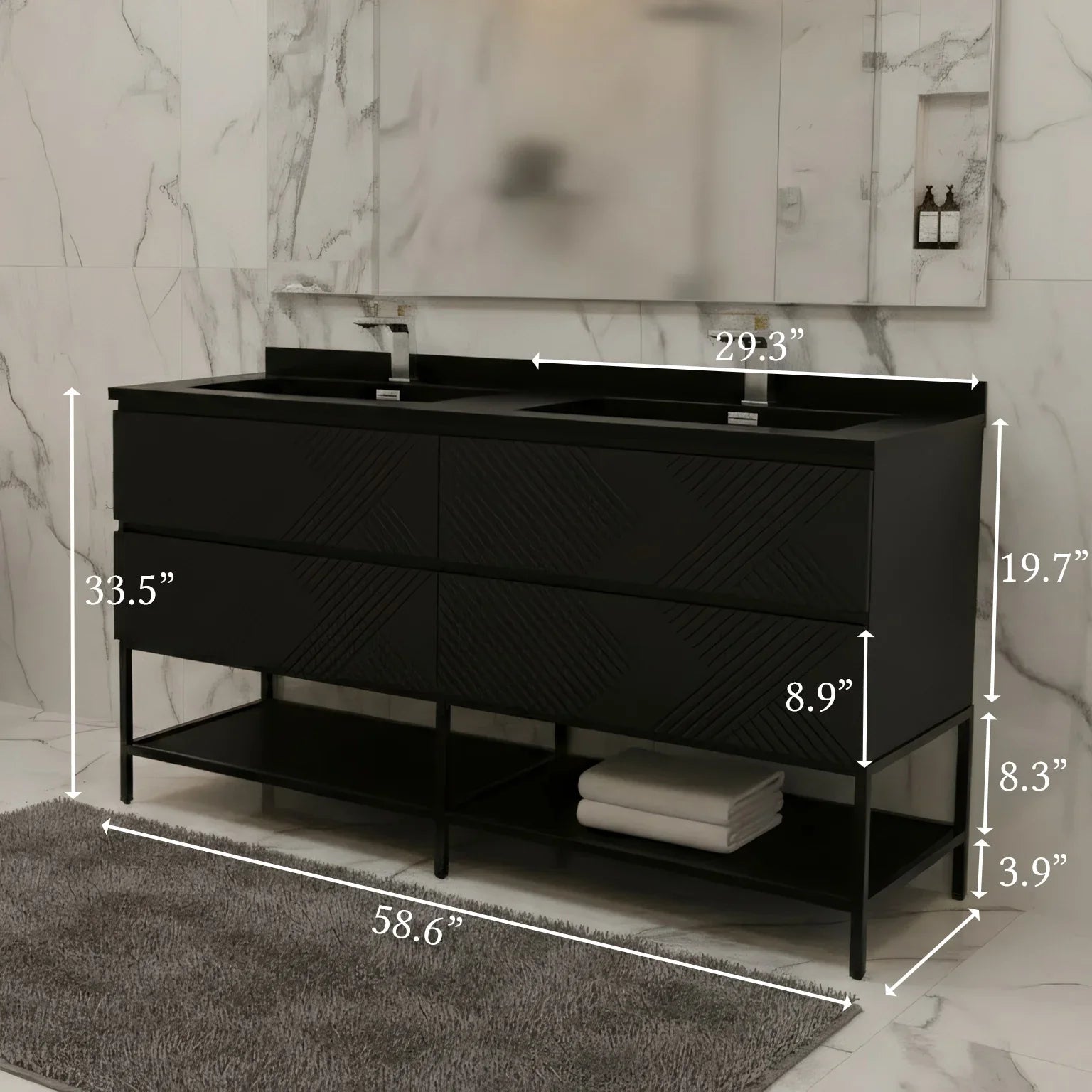 60" Black Wall Mount Bathroom Vanity with Black Engineered Quartz Countertop-Migration_Bathroom Vanities-DECOROLALA