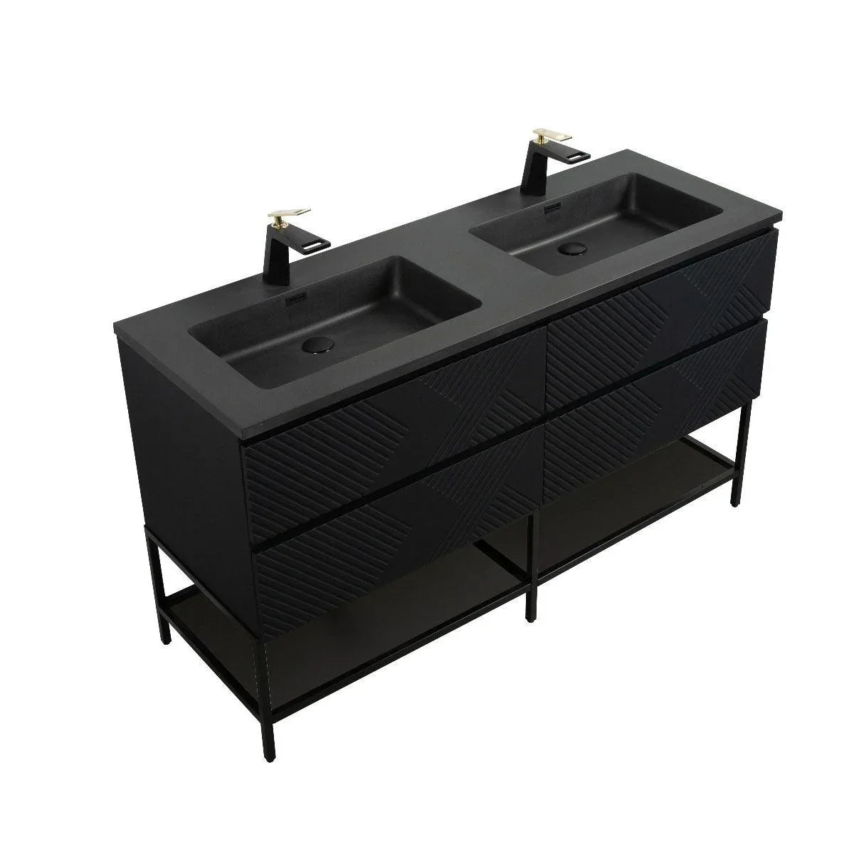 60" Black Wall Mount Bathroom Vanity with Black Engineered Quartz Countertop-Migration_Bathroom Vanities-DECOROLALA