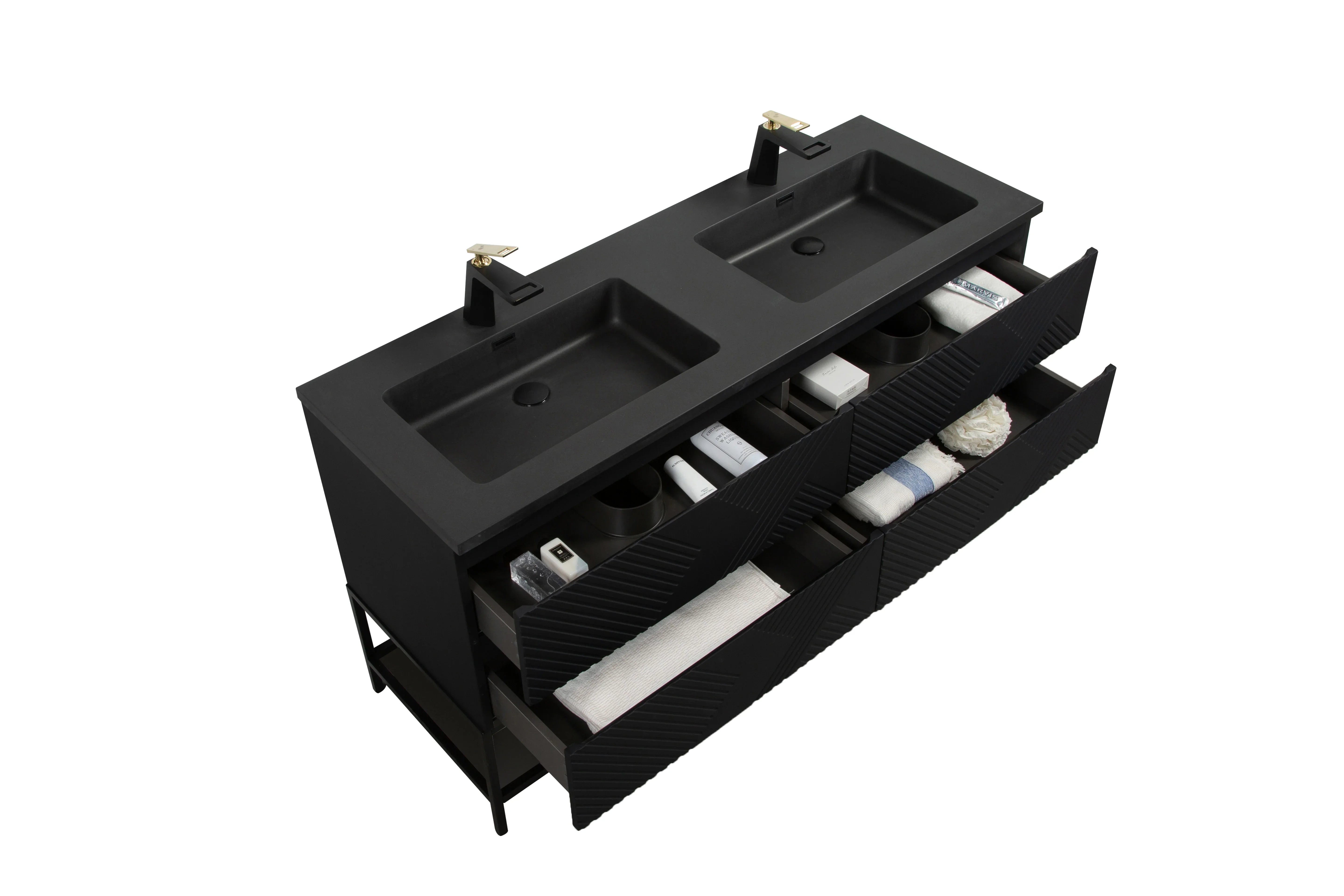 60" Black Wall Mount Bathroom Vanity with Black Engineered Quartz Countertop-Migration_Bathroom Vanities-DECOROLALA