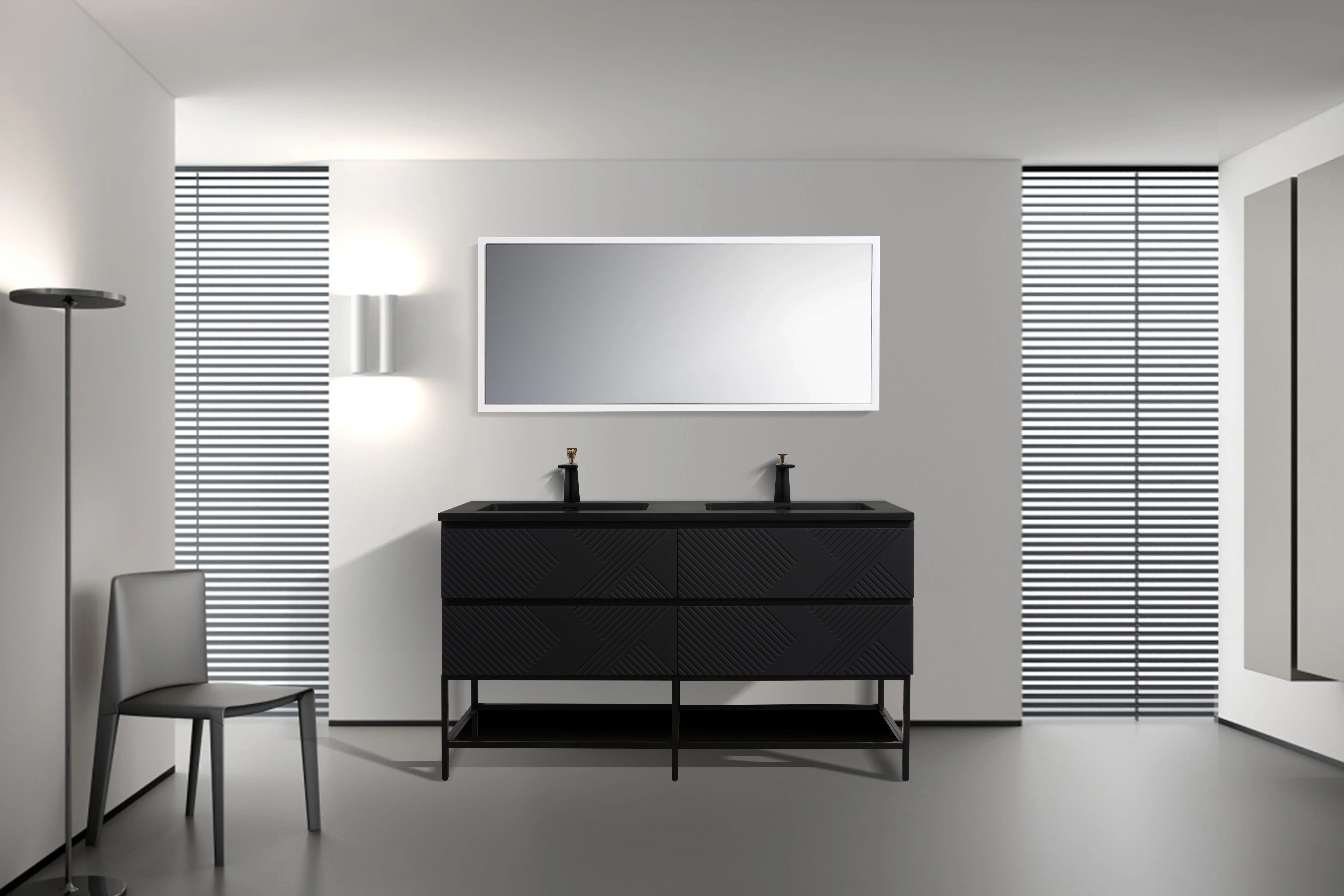 60" Black Wall Mount Bathroom Vanity with Black Engineered Quartz Countertop-Migration_Bathroom Vanities-DECOROLALA